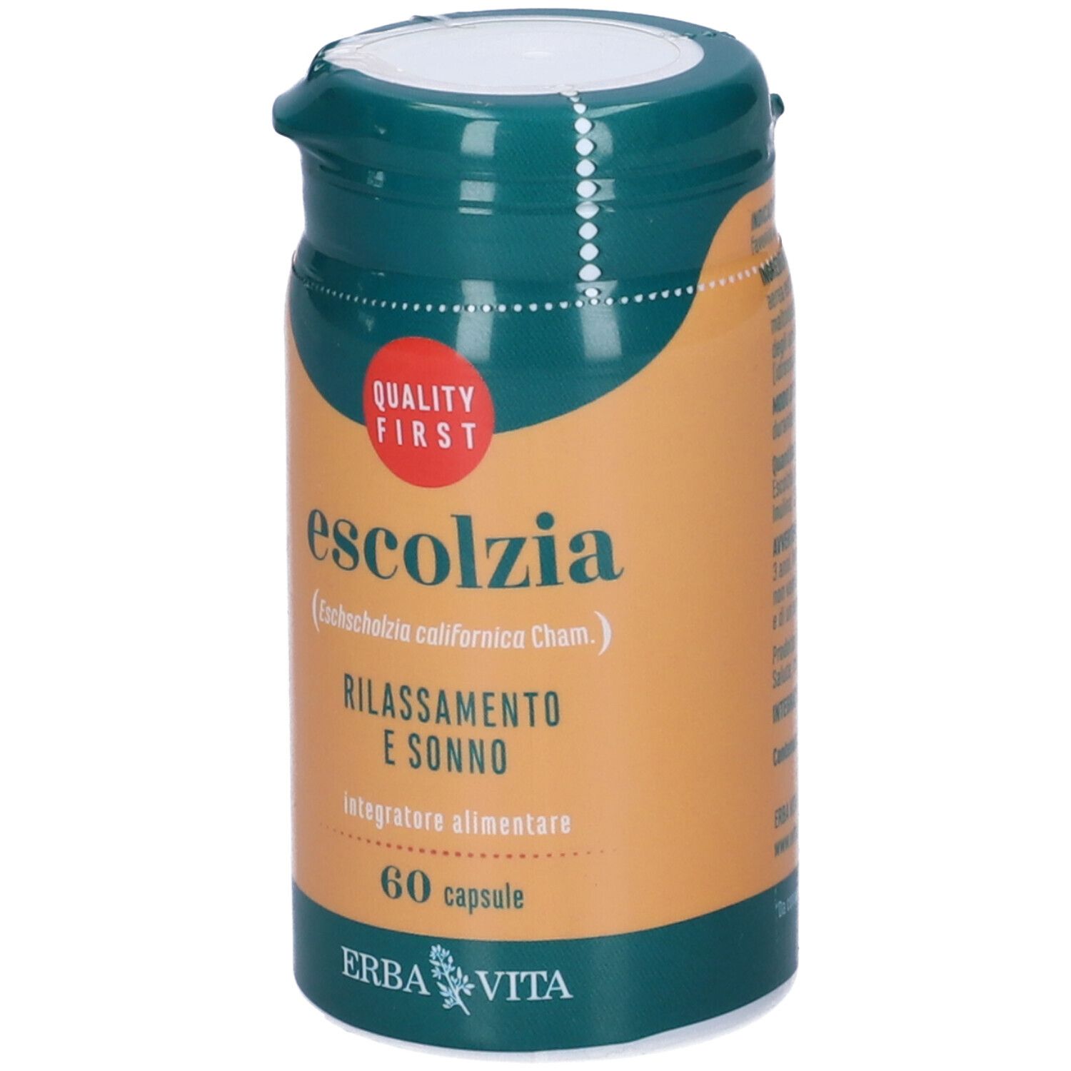 Flacone verde e arancione con 'Escolzia', '60 capsule' e logo 'ERBA VITA'. Adesivo 'QUALITY FIRST'.