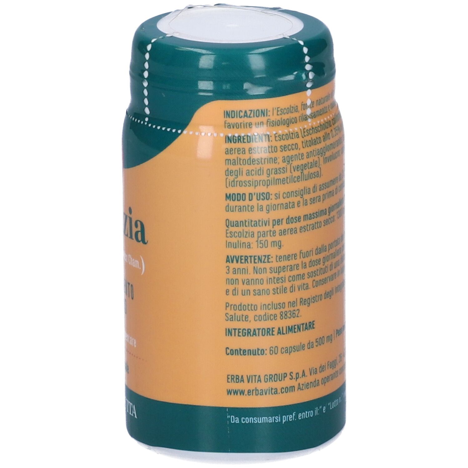 Retro del flacone con testo. Contiene informazioni sugli ingredienti e l'uso. Logo 'ERBA VITA'.