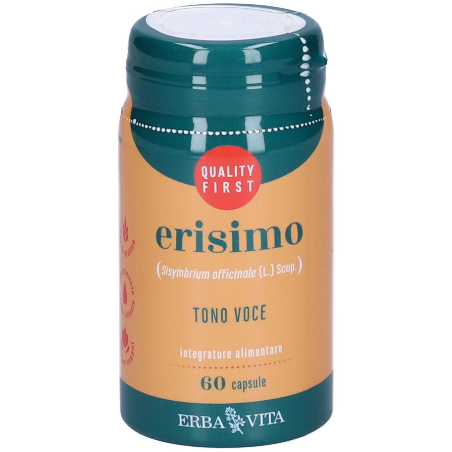 Flacone verde con 'Erisimo' e '60 capsule'. Sfondo arancione. Logo 'Erba Vita'.