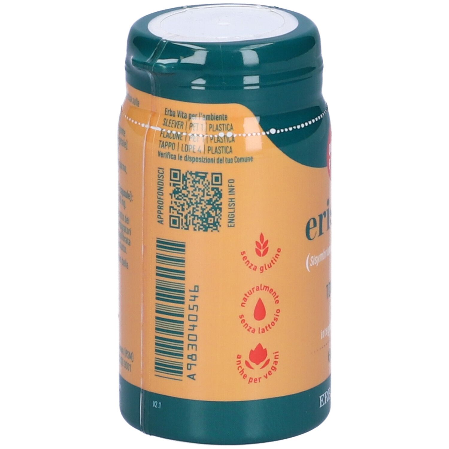 Retro del flacone. Testo con ingredienti e informazioni. Senza glutine, naturale, vegano.