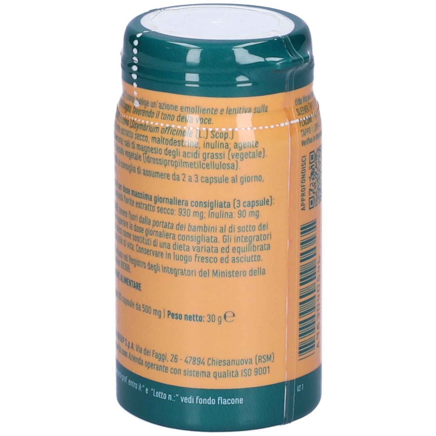 Retro del flacone con testo. Ingredienti, istruzioni per l'uso e informazioni del produttore.