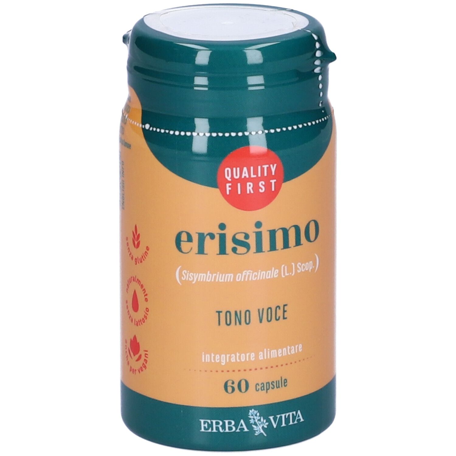 Flacone verde con 'Erisimo' e '60 capsule'. Sfondo arancione. Logo 'Erba Vita'.