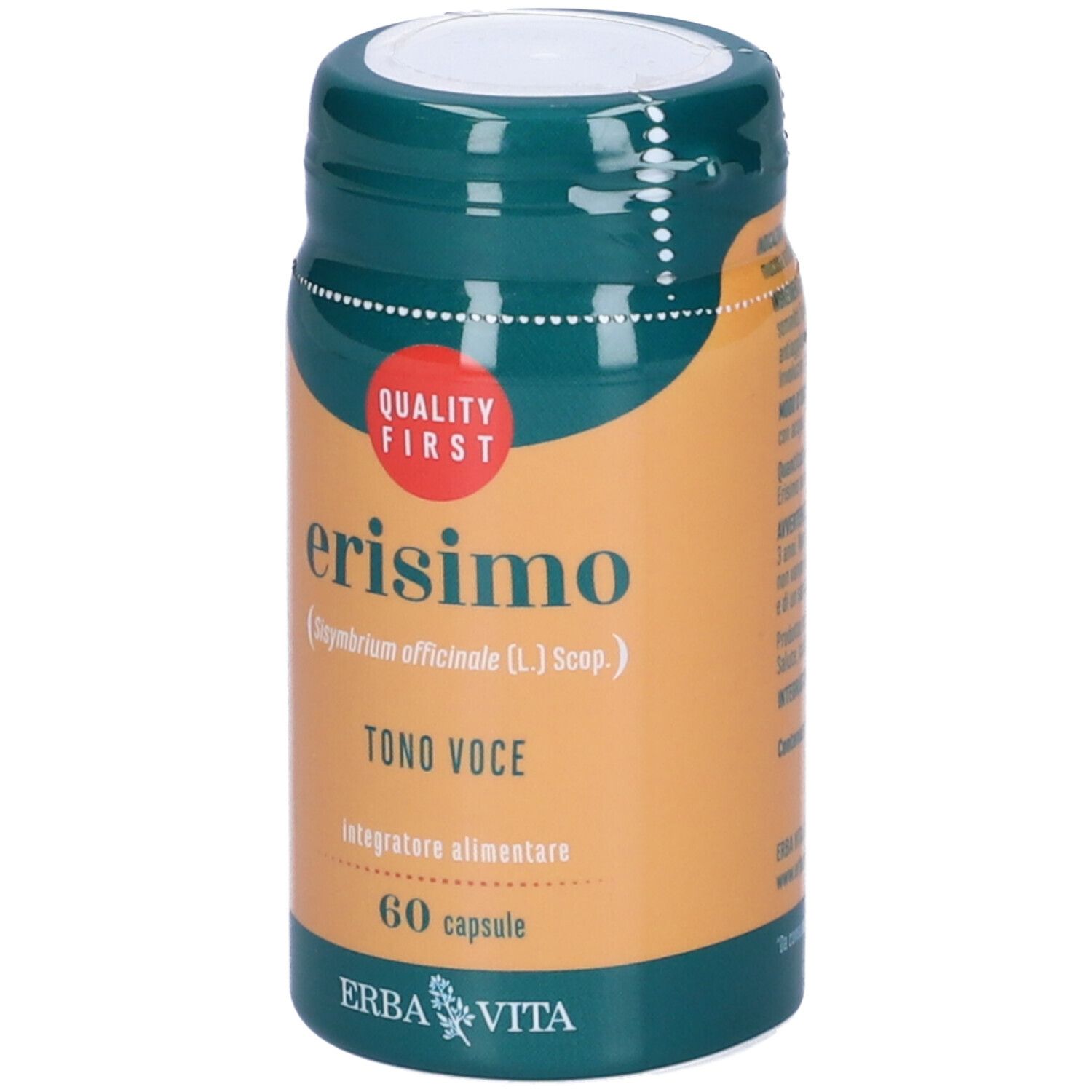 Flacone verde con 'Erisimo' e '60 capsule'. Sfondo arancione. Logo 'Erba Vita'.