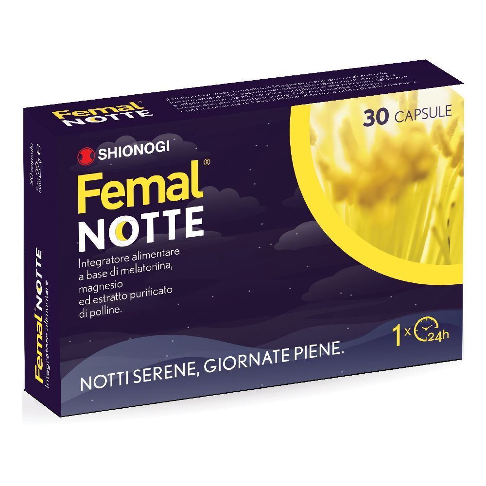Scatola con nome e logo del prodotto. Contiene 30 capsule. Scritta: Notti serene, giornate piene.