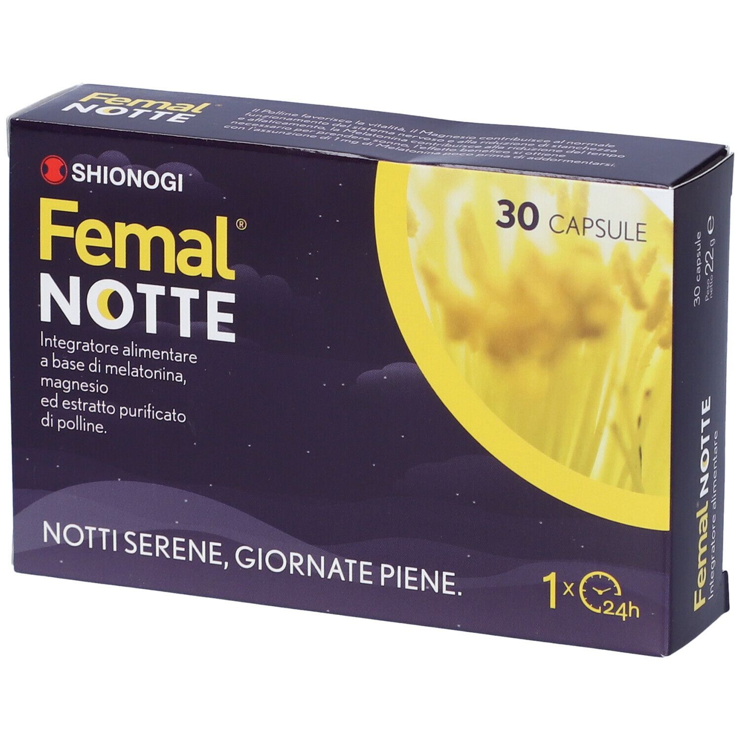 Confezione del prodotto con nome e logo. Contiene 30 capsule. Scritta: Notti serene, giornate piene.