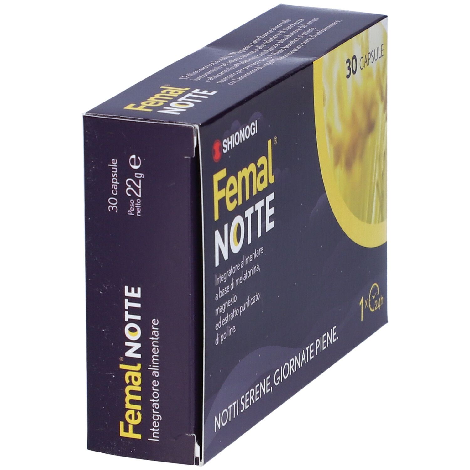 Confezione del prodotto, in diagonale. Nome e logo del prodotto visibili. Contiene 30 capsule. Scritta: Notti serene, giornate piene.