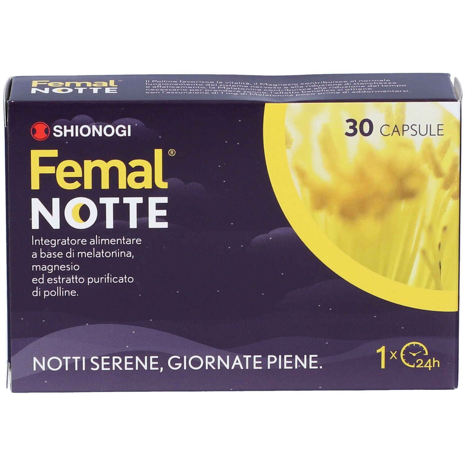 Confezione del prodotto con nome e logo. Contiene 30 capsule. Scritta: Notti serene, giornate piene.