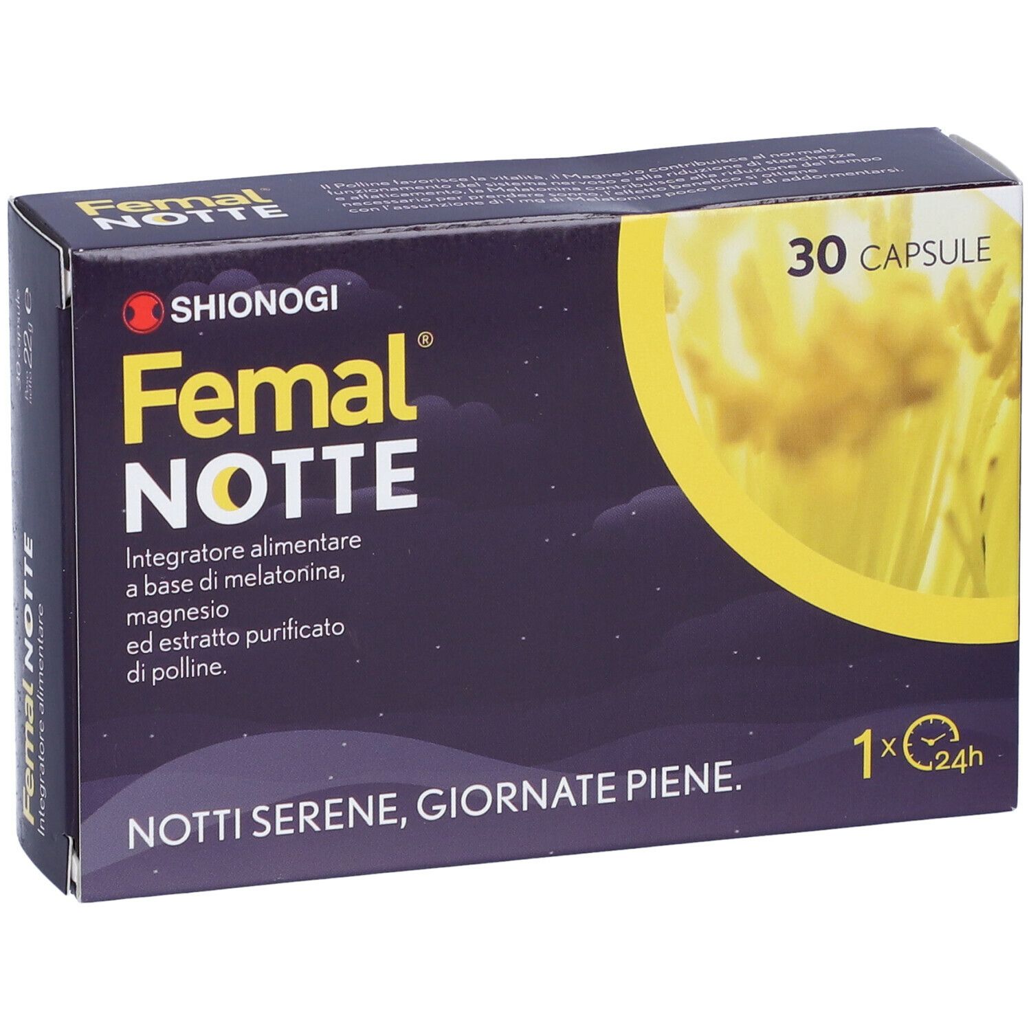 Confezione del prodotto con nome e logo. Contiene 30 capsule. Scritta: Notti serene, giornate piene.