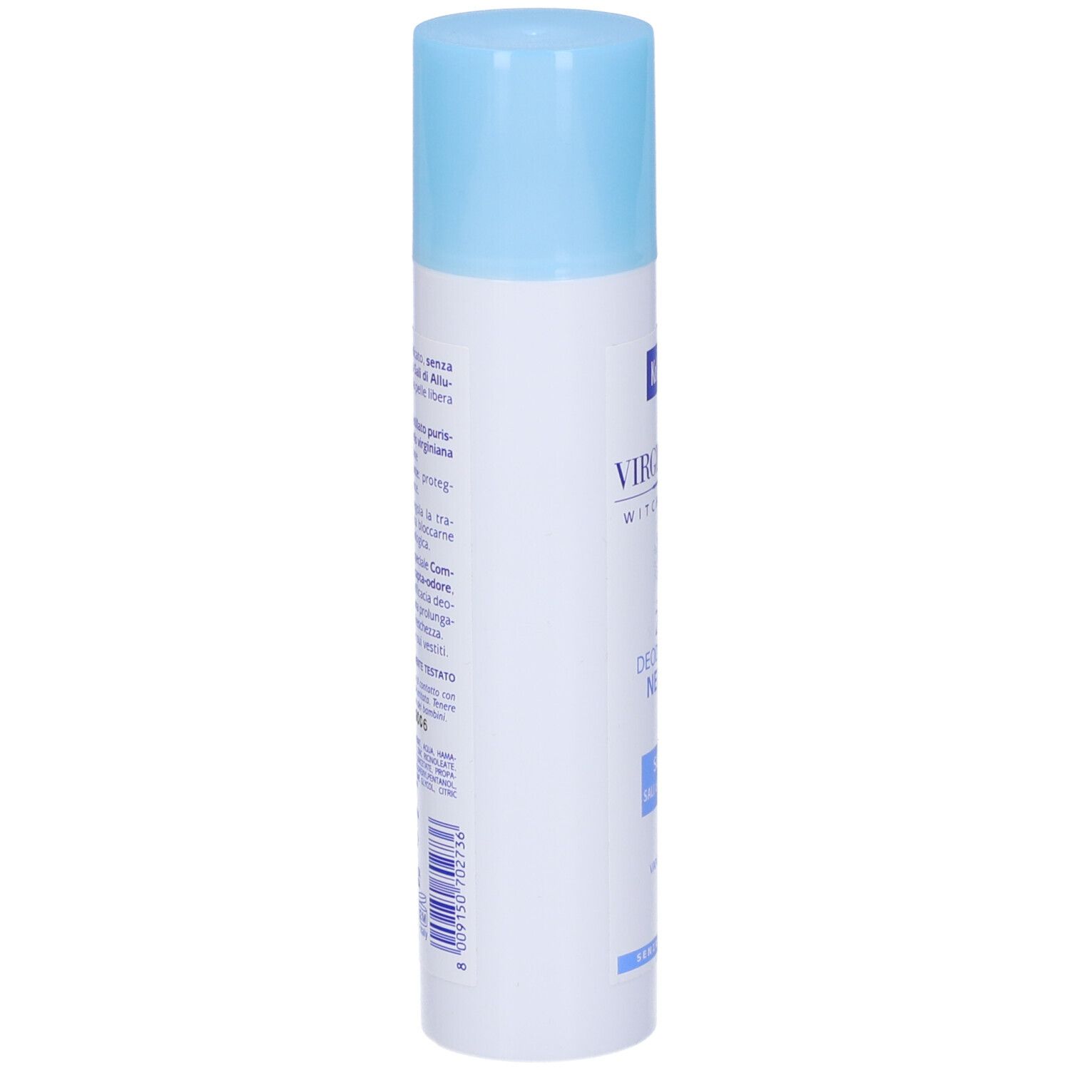 Spray deodorante con tappo blu. Scritta: Virginiana, 24h Deodorante Neutro, senza sali di alluminio.