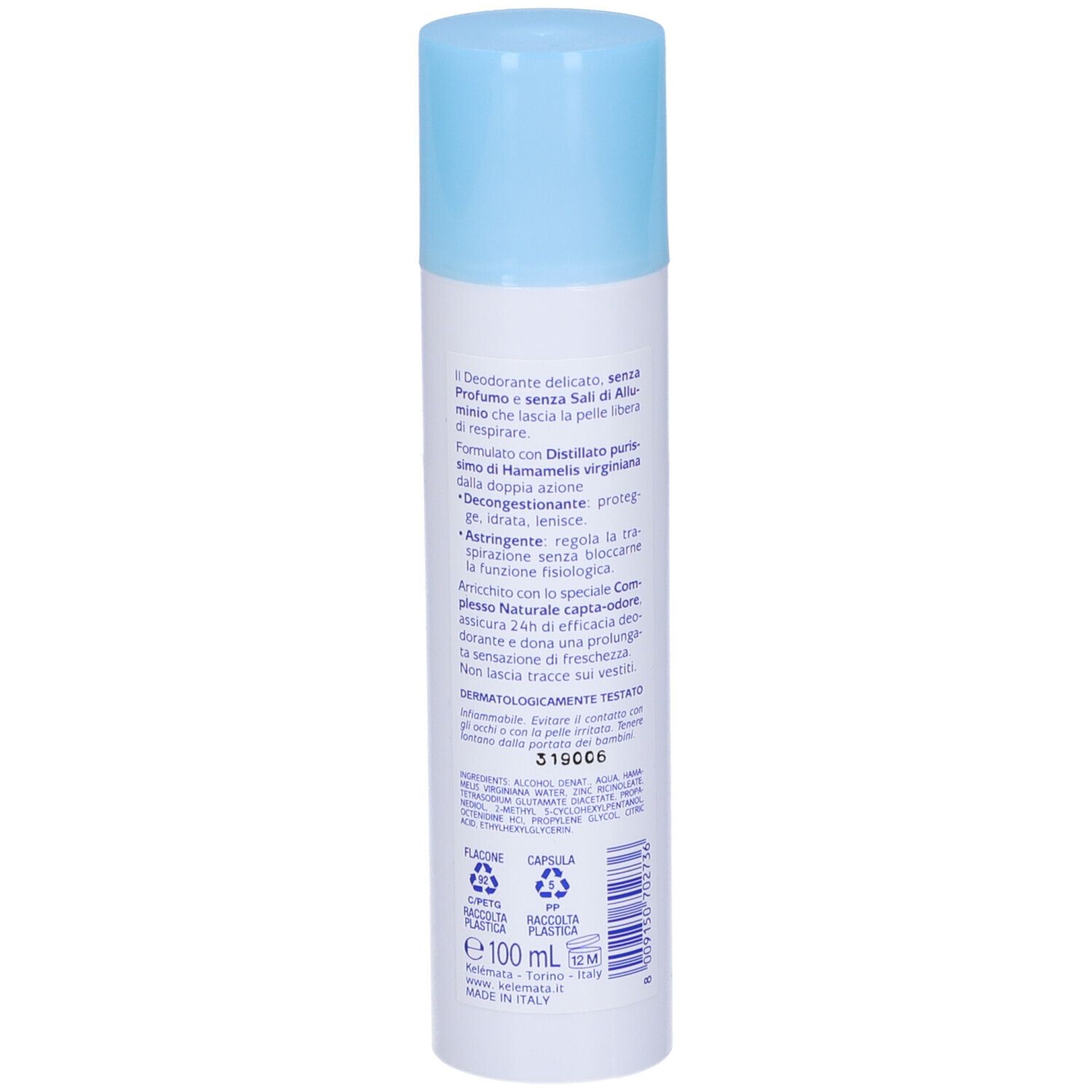 Spray deodorante con tappo blu. Retro con testo. Scritta: Virginiana, 24h Deodorante Neutro.
