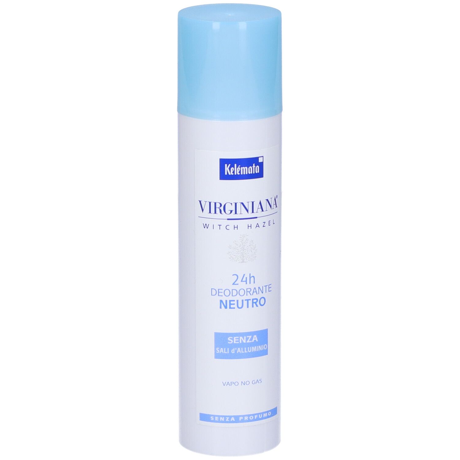 Spray deodorante con tappo blu. Scritta: Virginiana, 24h Deodorante Neutro, senza sali di alluminio.