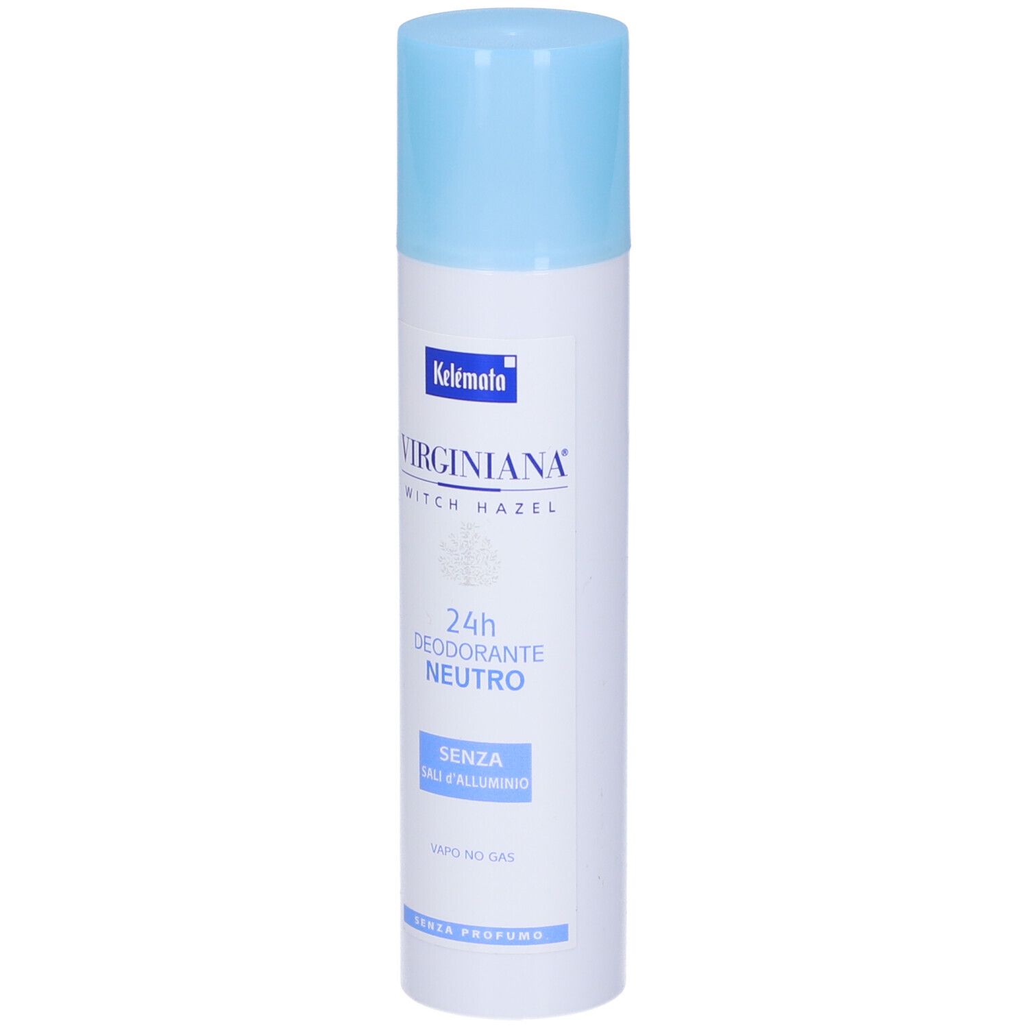 Spray deodorante con tappo blu. Scritta: Virginiana, 24h Deodorante Neutro, senza sali di alluminio.