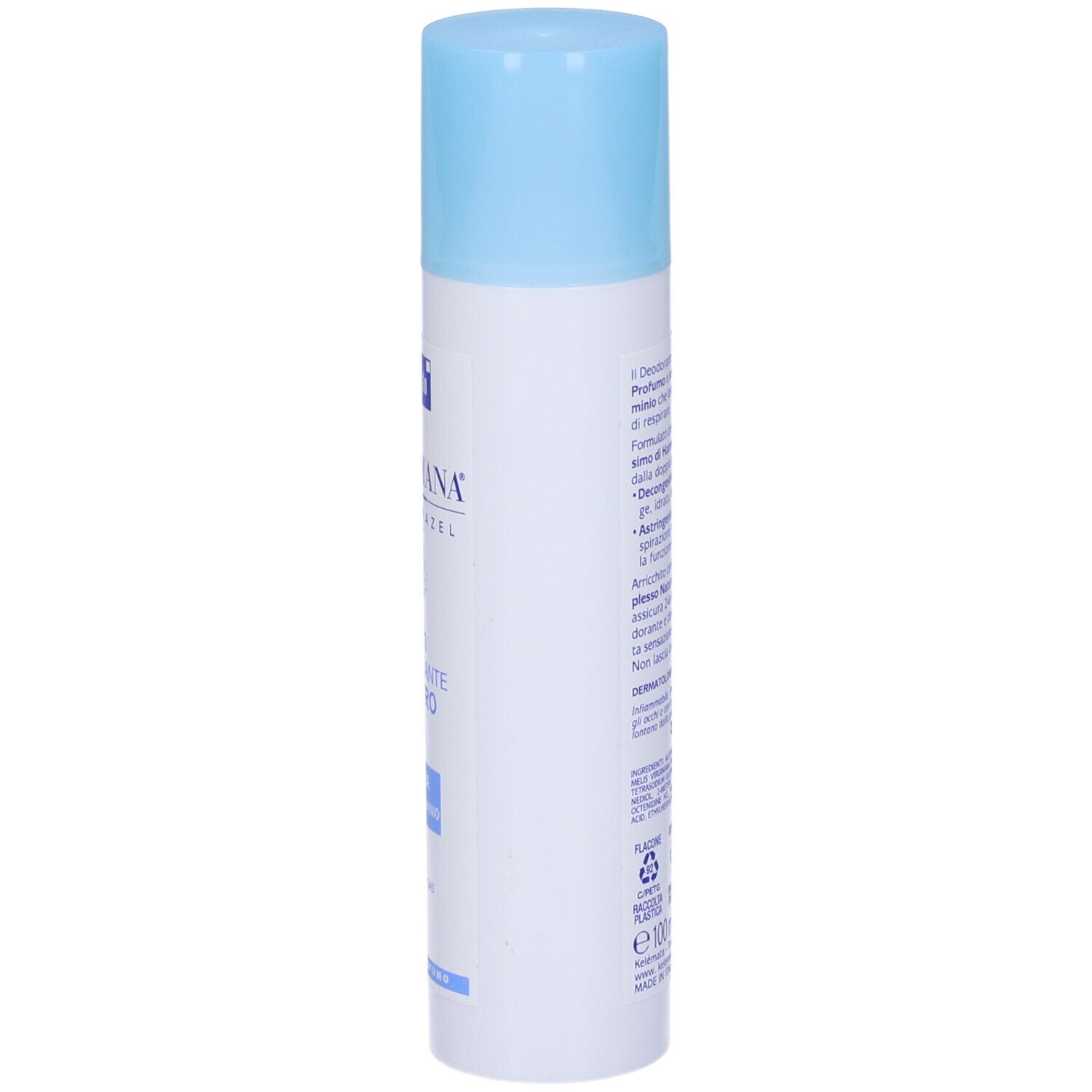 Spray deodorante con tappo blu. Retro con testo. Scritta: Virginiana, 24h Deodorante Neutro.
