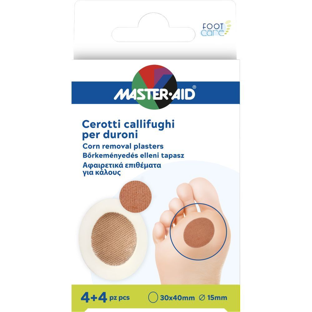 Confezione di cerotti Master-Aid. Prodotto: Cerotti callifughi per duroni. 4+4 cerotti, 30x40mm, 15mm.