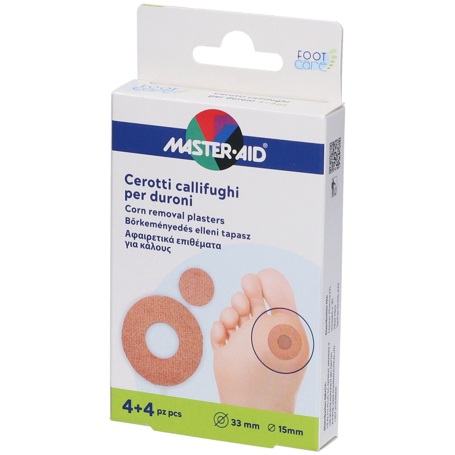 Confezione di cerotti Master-Aid. Prodotto: Cerotti callifughi per duroni. 4+4 cerotti, 33mm, 15mm.