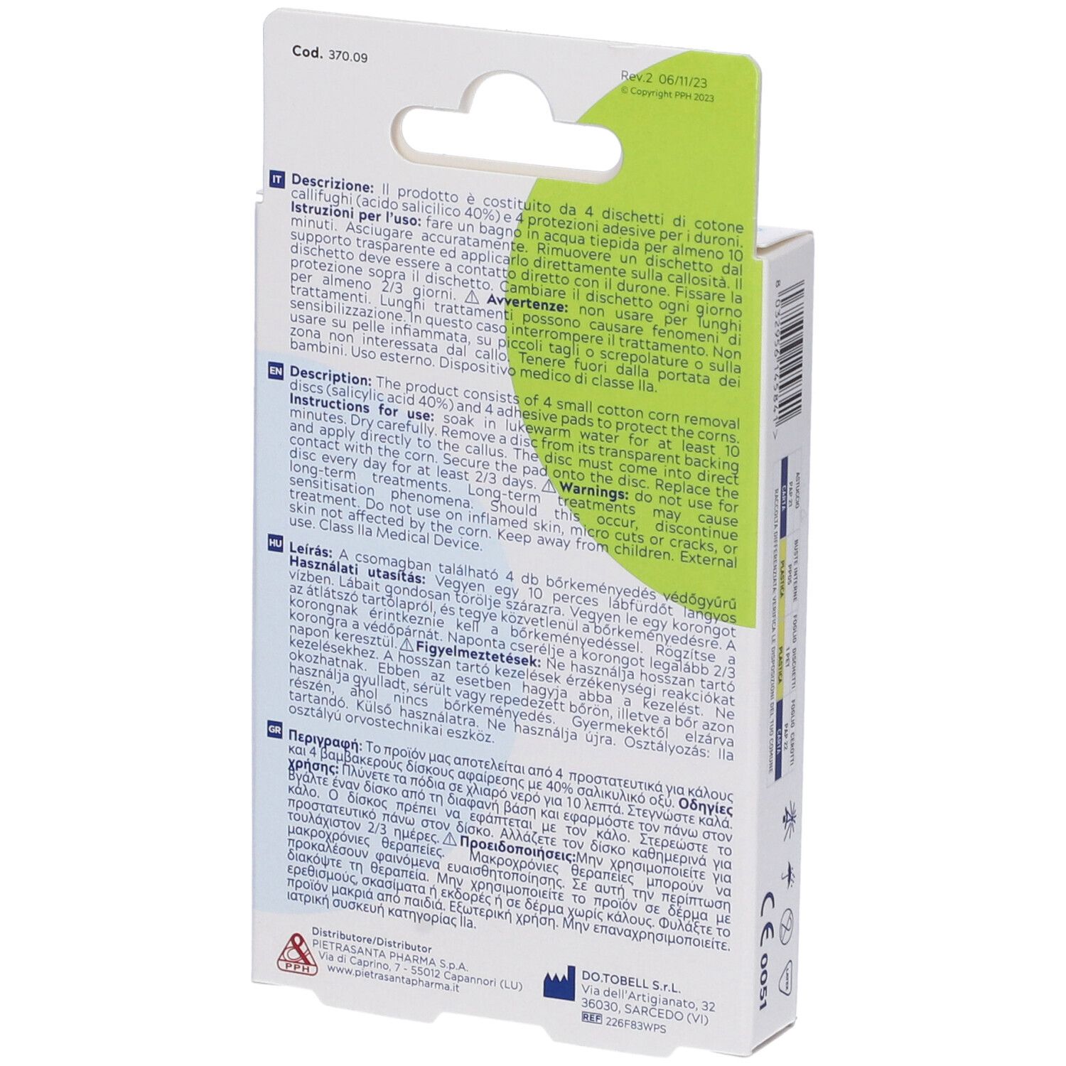 Retro della confezione con testo. Prodotto: Cerotti callifughi per duroni. Istruzioni in più lingue.