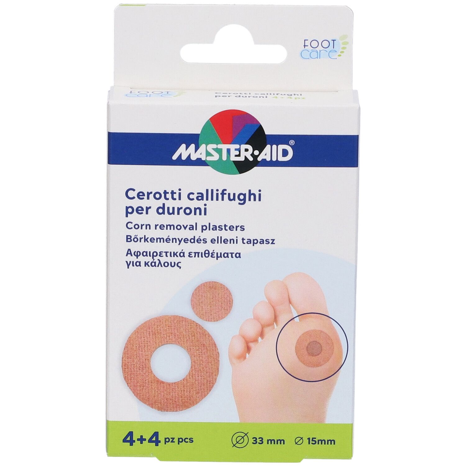Confezione di cerotti Master-Aid. Prodotto: Cerotti callifughi per duroni. 4+4 cerotti, 33mm, 15mm.