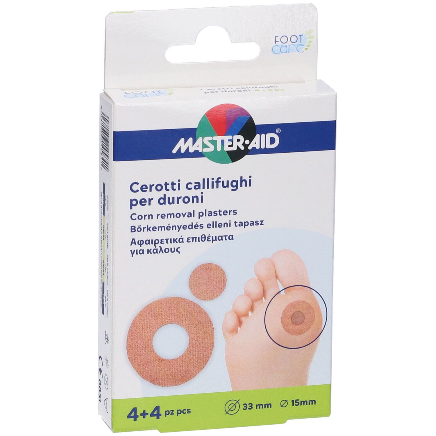 Confezione di cerotti Master-Aid. Prodotto: Cerotti callifughi per duroni. 4+4 cerotti, 33mm, 15mm.