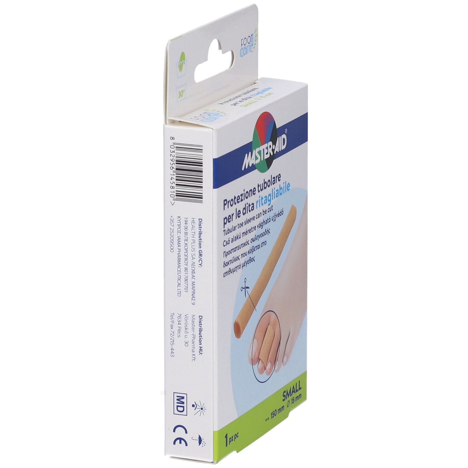 Verpackung Master-Aid Footcare, Protezione tubolare. Seitenansicht. Produktname, Barcode, Größenangabe: 150 mm x 15 mm.