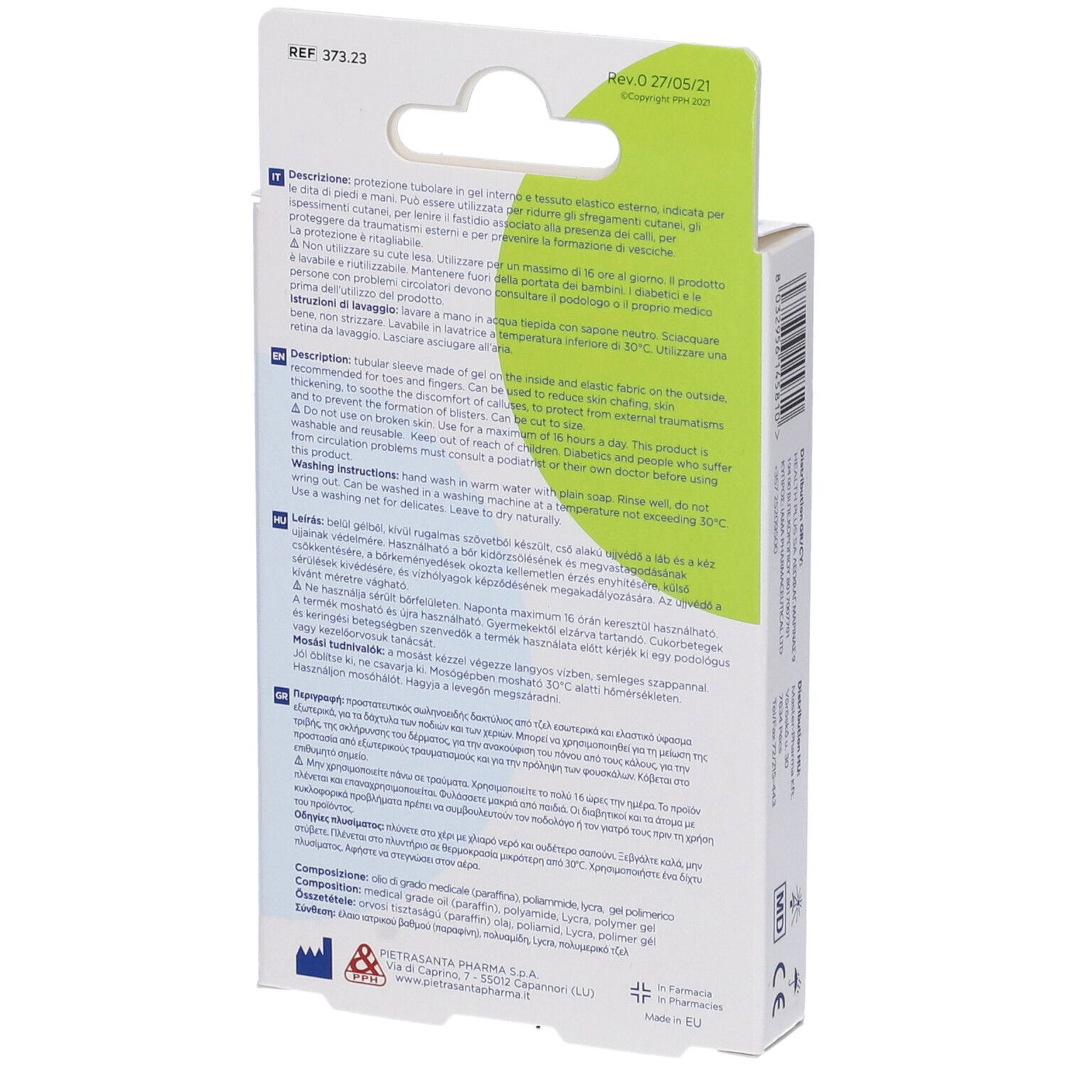 Rückseite der Verpackung. Text in mehreren Sprachen. Informationen zur Anwendung und Inhaltsstoffe.