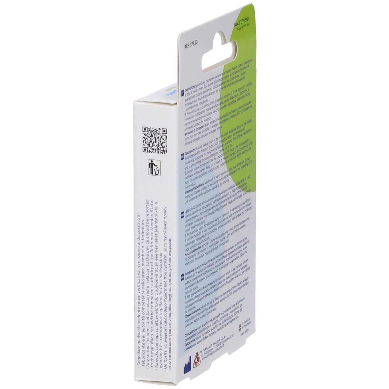 Seitenansicht der Verpackung. Text und Piktogramme. Informationen zur Entsorgung und Hersteller.