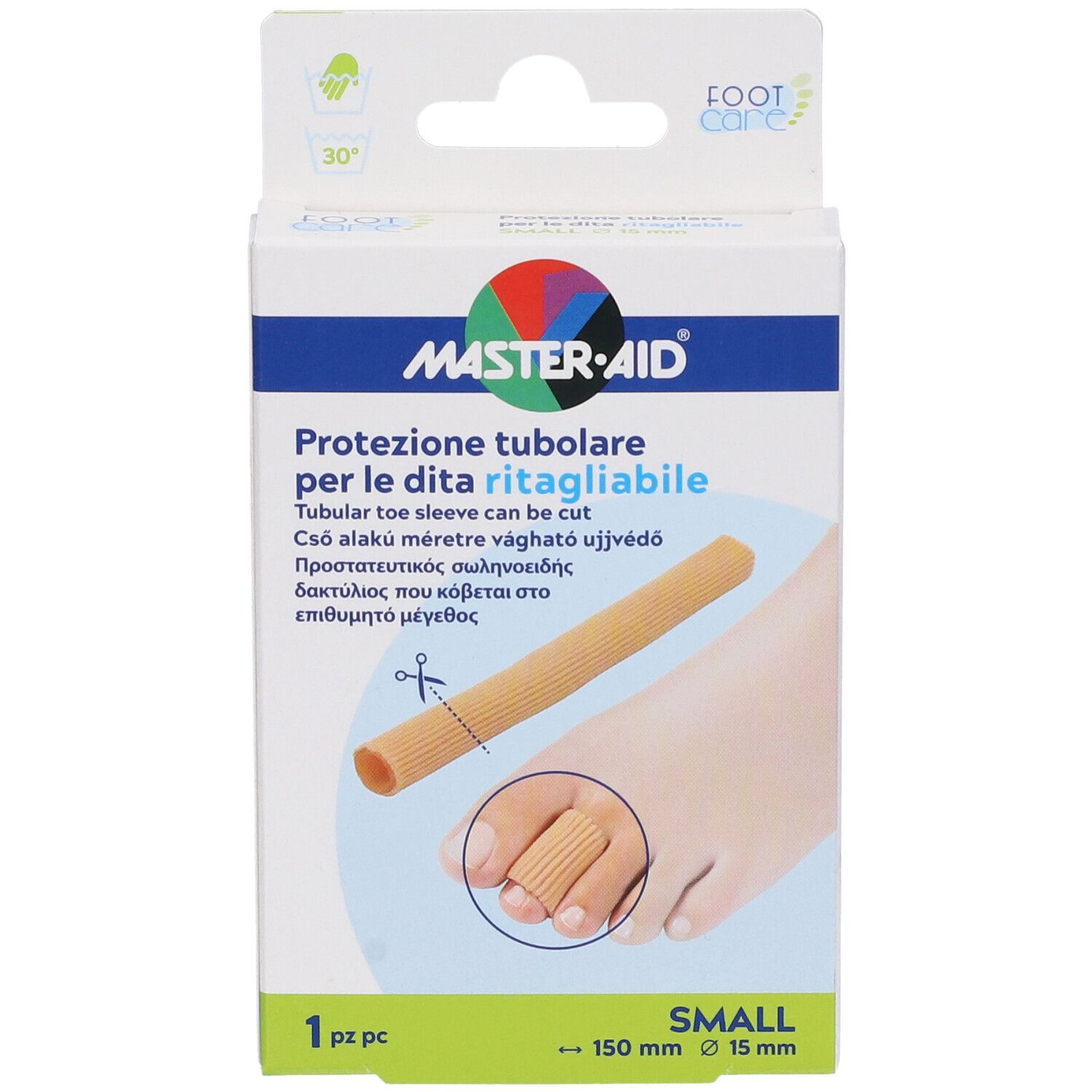 Verpackung Master-Aid Footcare, Protezione tubolare. Produktabbildung und Fuß mit Produkt. Größenangabe: 150 mm x 15 mm.