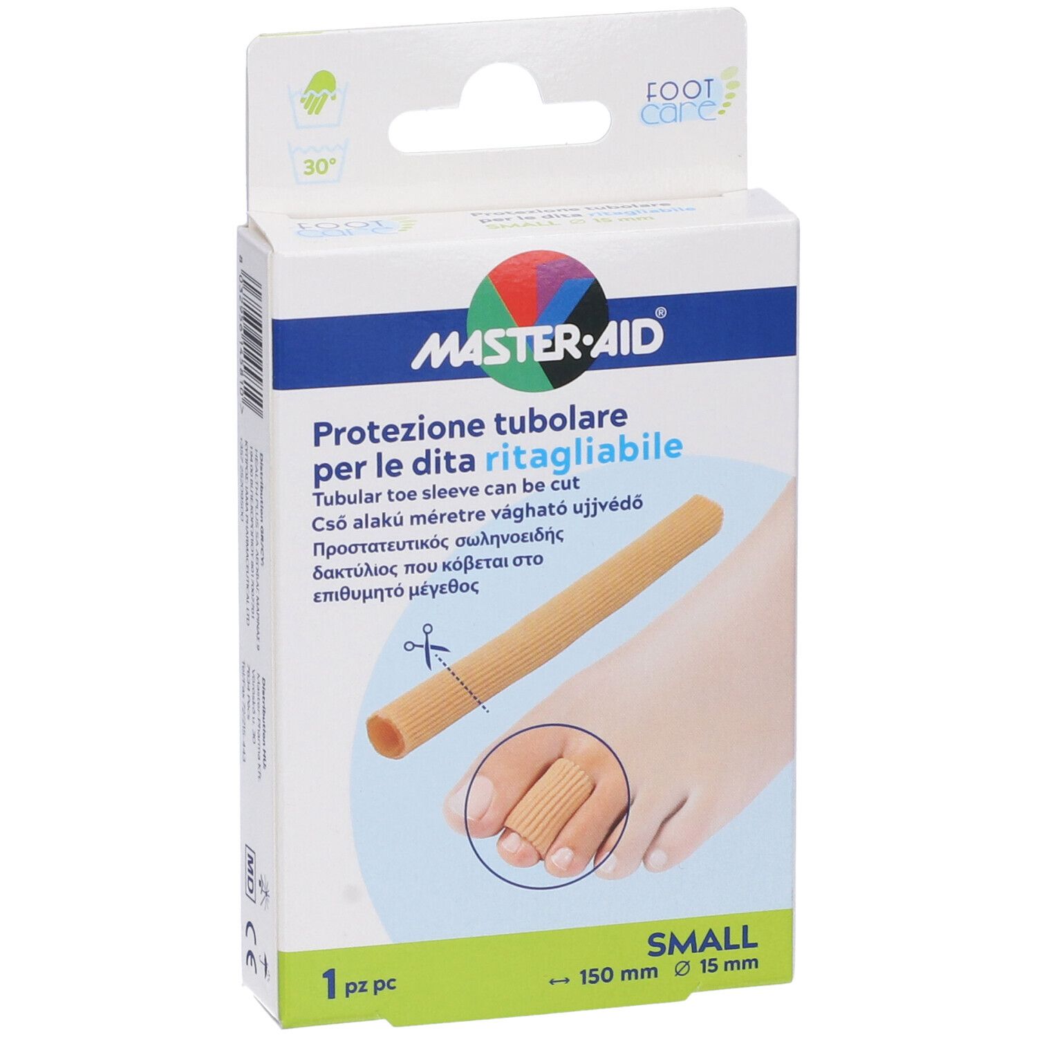 Verpackung Master-Aid Footcare, Protezione tubolare. Produktabbildung und Fuß mit Produkt. Größenangabe: 150 mm x 15 mm.