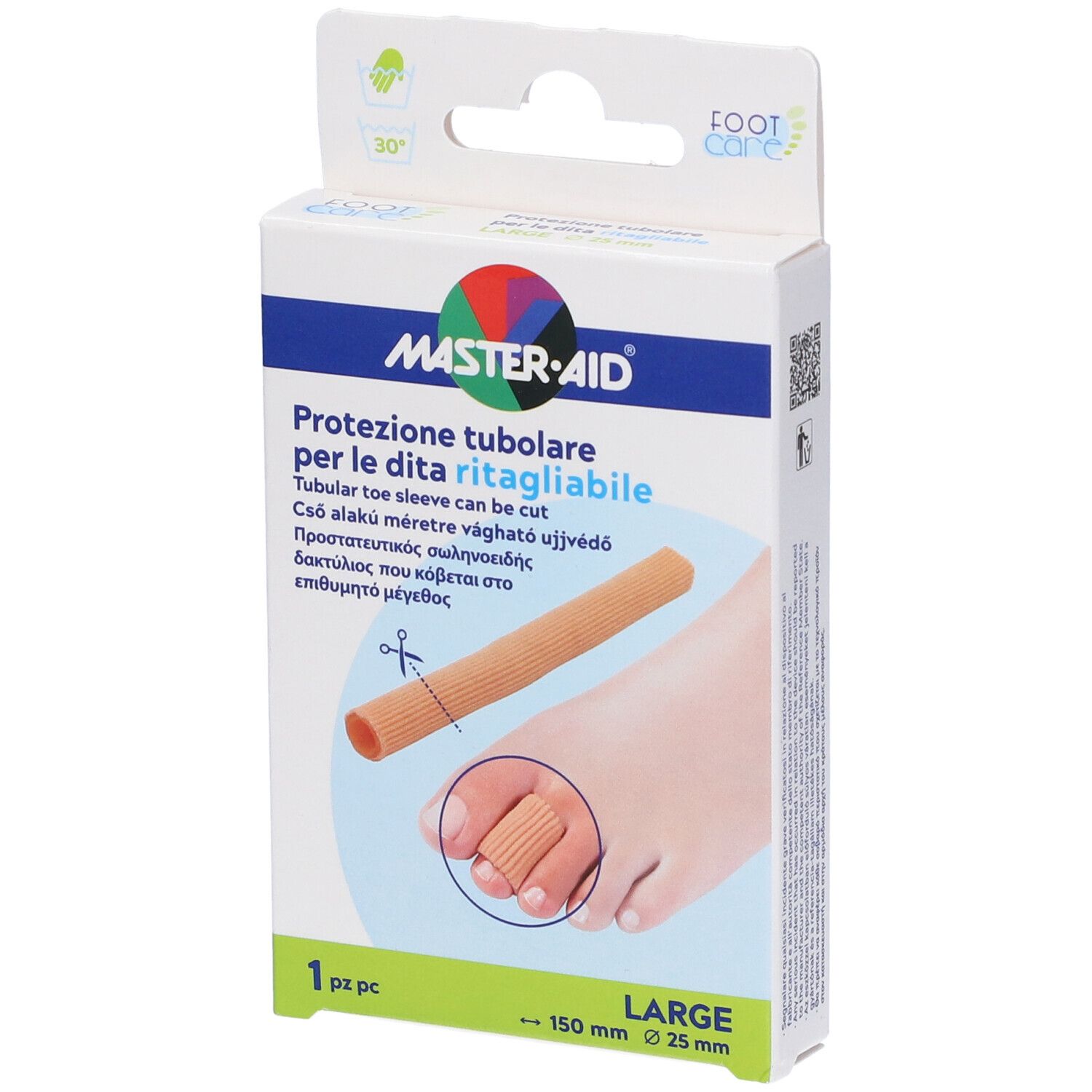 Verpackung mit Produktabbildung. Produktname: Protezione tubolare. Größe: 150 mm x 25 mm. Marke: MASTER-AID. Groß.