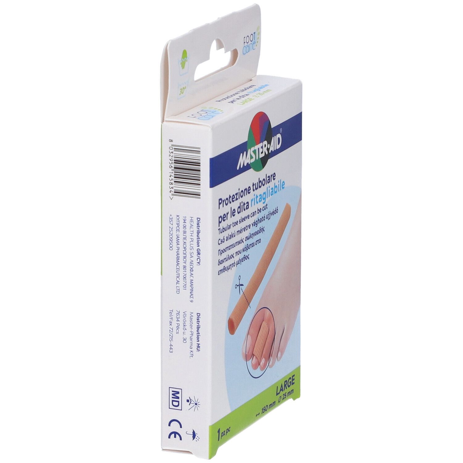 Seitenansicht der Verpackung. Produktname: Protezione tubolare. Marke: MASTER-AID. Größe: 150 mm x 25 mm. Large.