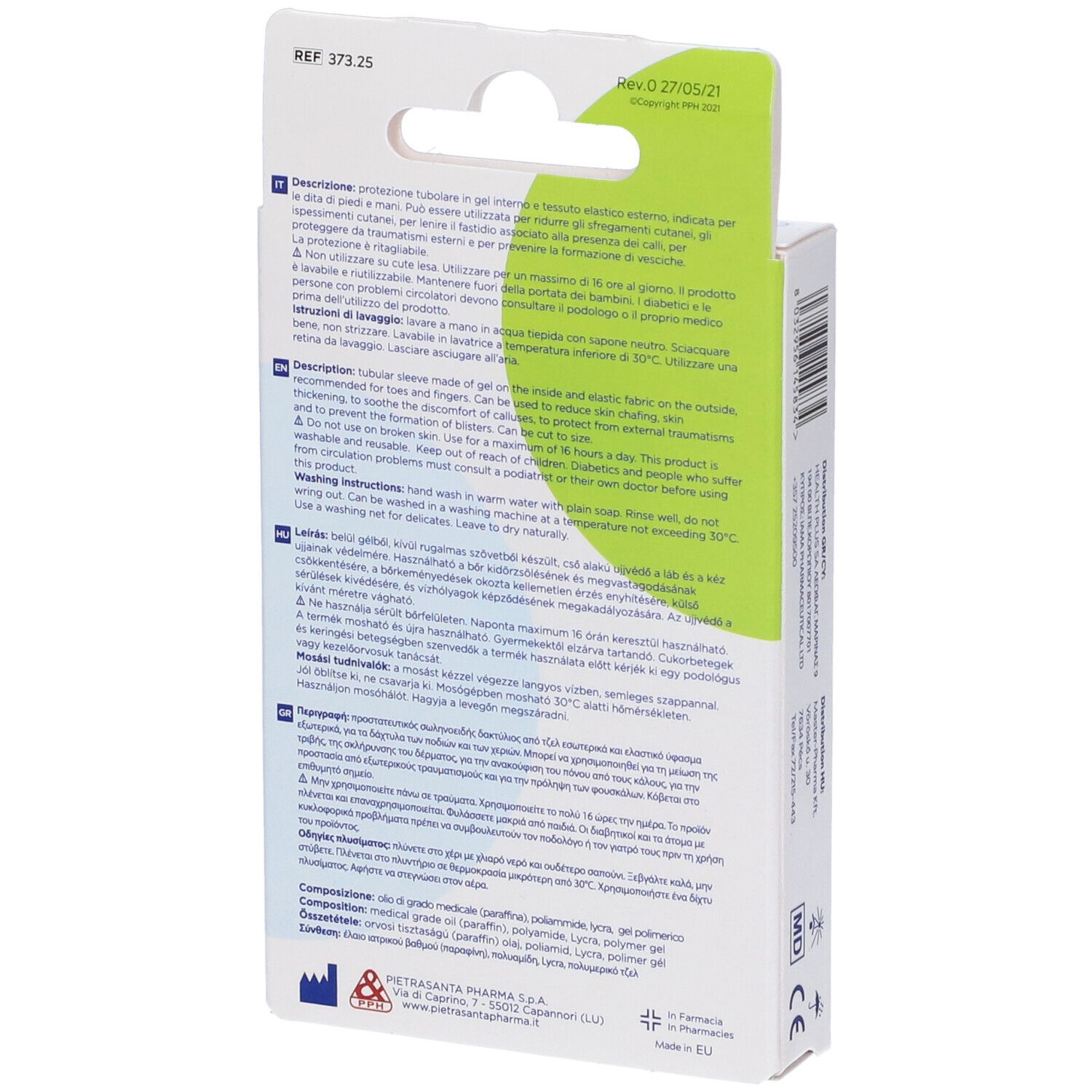 Rückseite der Verpackung. Textinformationen und Gebrauchsanweisung. Produktname: Protezione tubolare. Zertifizierung.