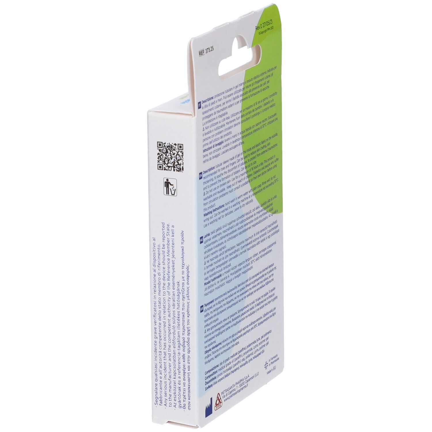 Seitenansicht der Verpackung. Textinformationen. Produktname: Protezione tubolare. QR-Code. Zertifizierung.