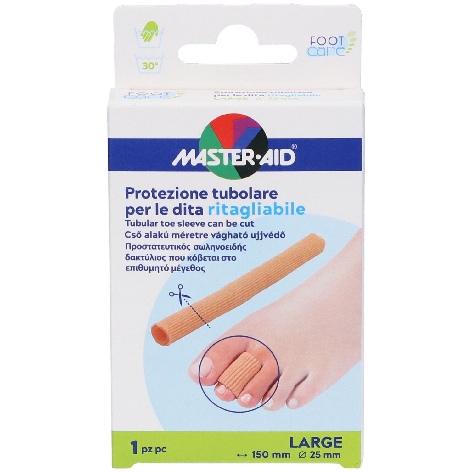 Produktverpackung. Produktname: Protezione tubolare. Größe: 150 mm x 25 mm. Marke: MASTER-AID. Groß. Abbildung des Produkts.