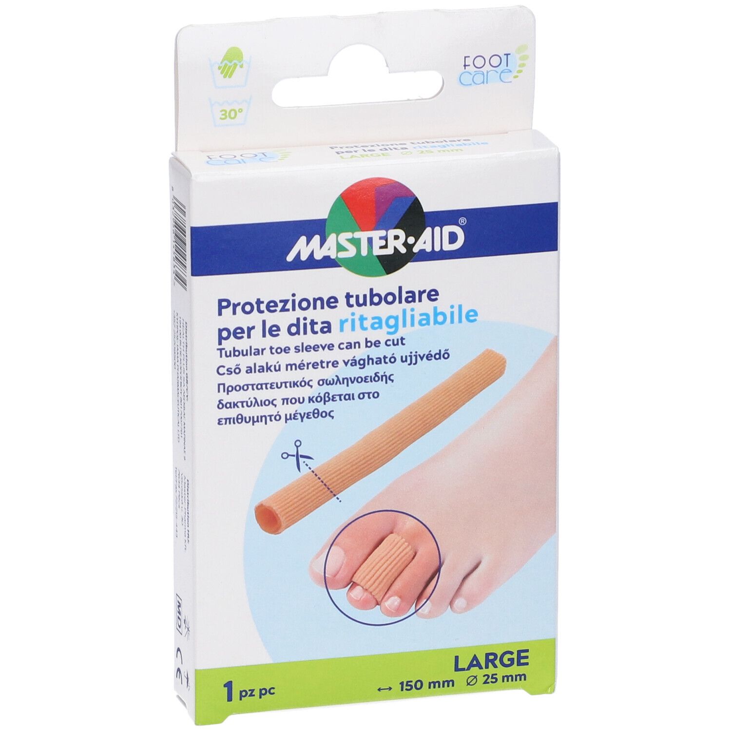 Produktverpackung. Produktname: Protezione tubolare. Größe: 150 mm x 25 mm. Marke: MASTER-AID. Groß. Abbildung des Produkts.