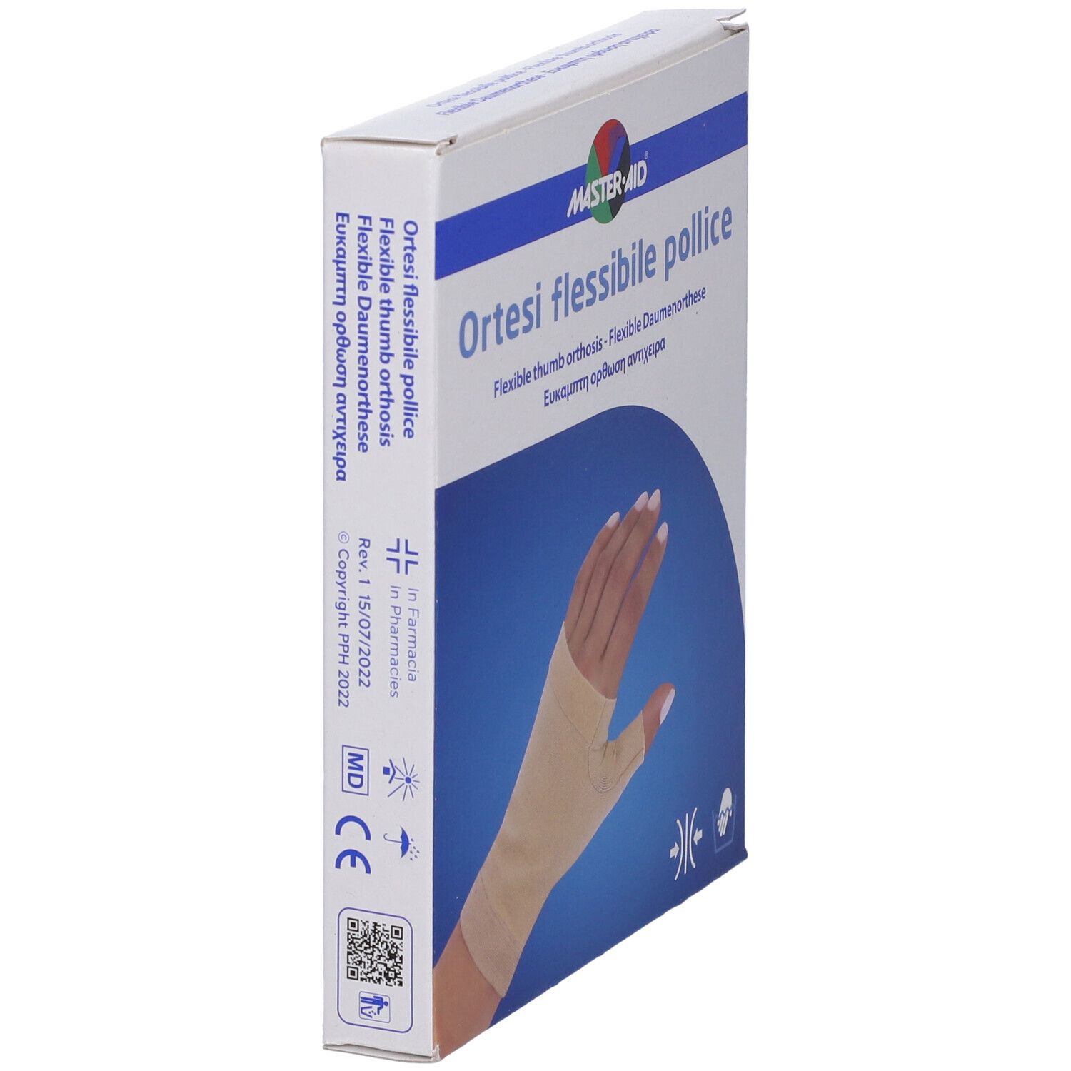 Verpackung MASTER-AID Ortesi Flex Pollice. Seitenansicht. Beige Daumenorthese auf Hand abgebildet. Text: Ortesi flessibile pollice.