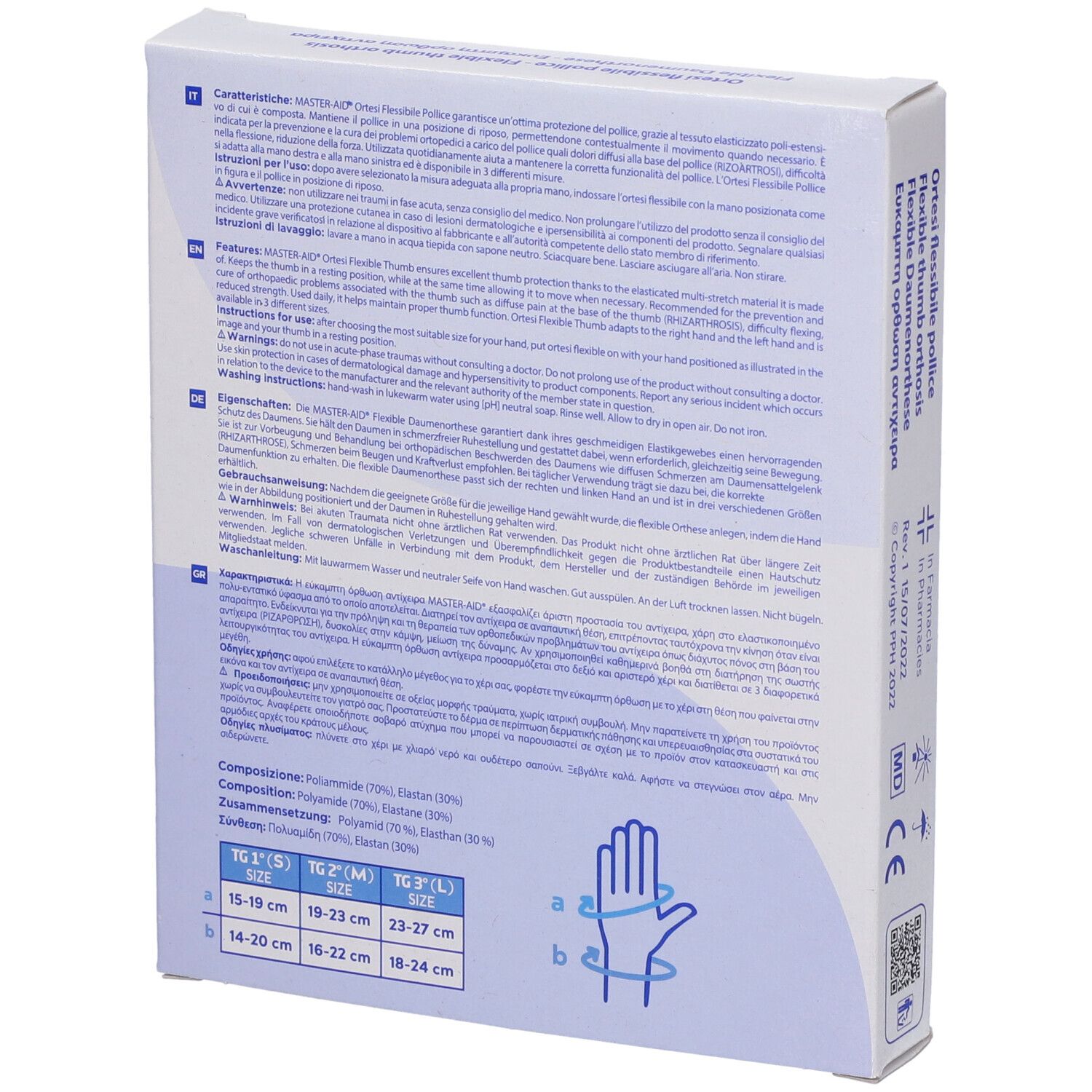 Rückseite der Verpackung MASTER-AID Ortesi Flex Pollice. Text in mehreren Sprachen. Größentabelle mit Maßen für Handgelenk.