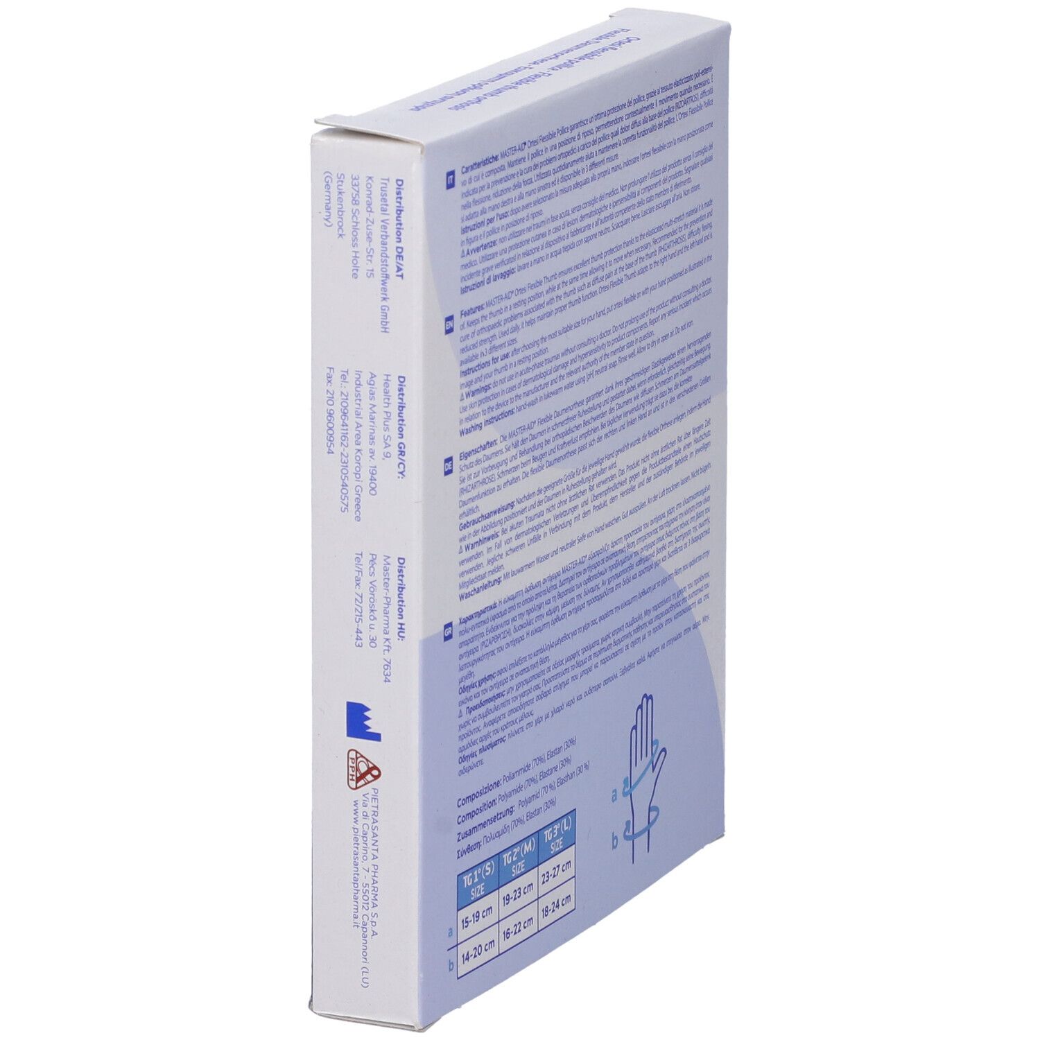 Seite der Verpackung MASTER-AID Ortesi Flex Pollice. Text in mehreren Sprachen. Herstellerinformationen und Logos.