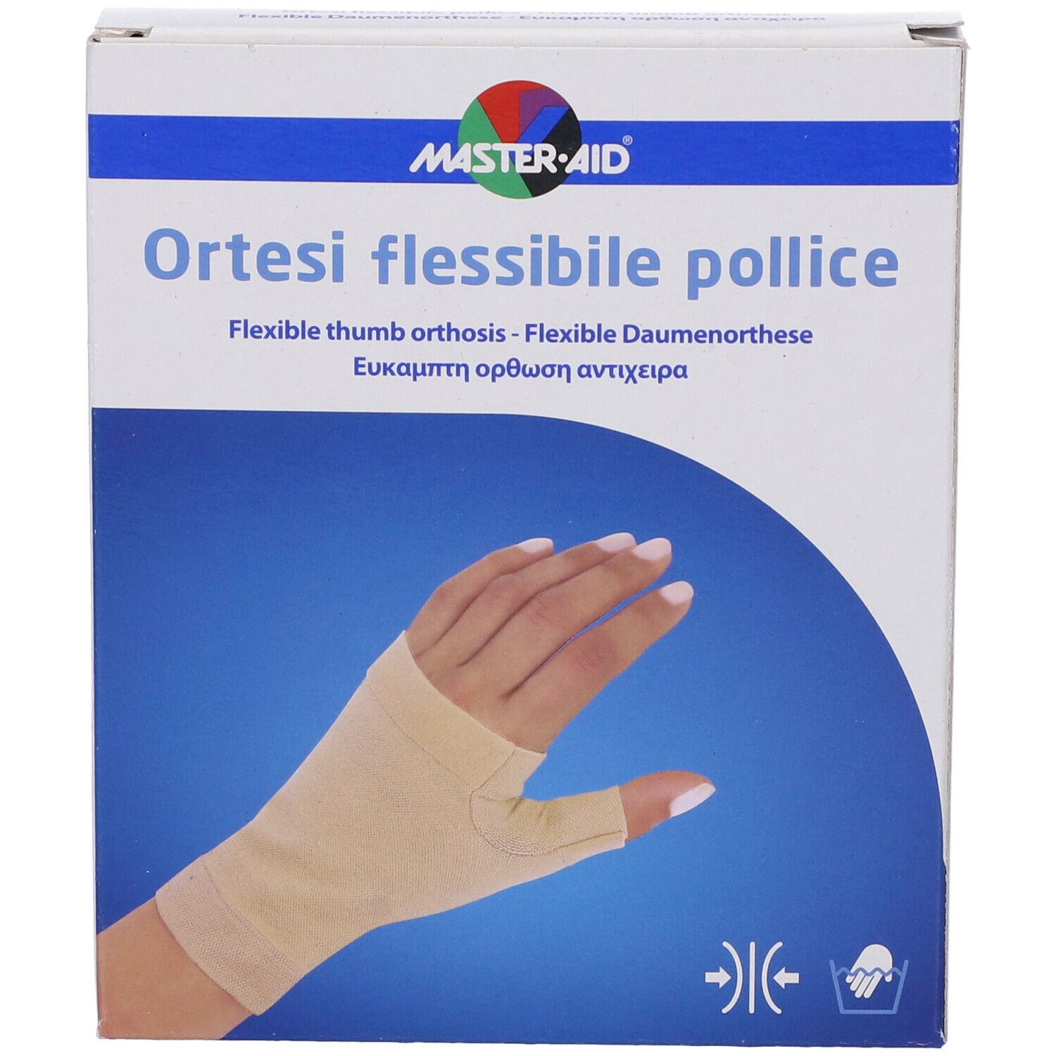 Verpackung MASTER-AID Ortesi Flex Pollice. Beige Daumenorthese auf Hand abgebildet. Text: Ortesi flessibile pollice.