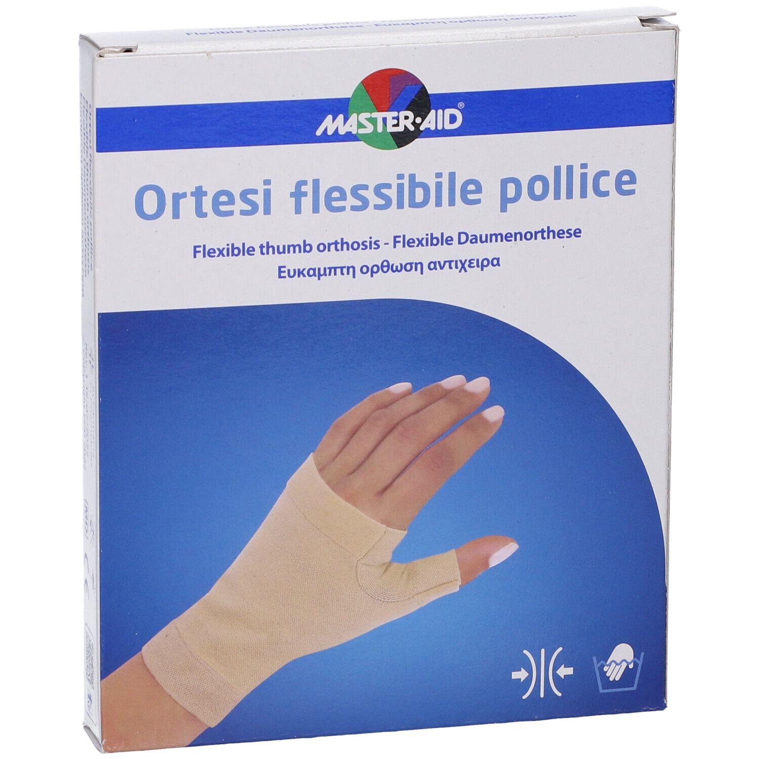 Verpackung MASTER-AID Ortesi Flex Pollice. Beige Daumenorthese auf Hand abgebildet. Text: Ortesi flessibile pollice.