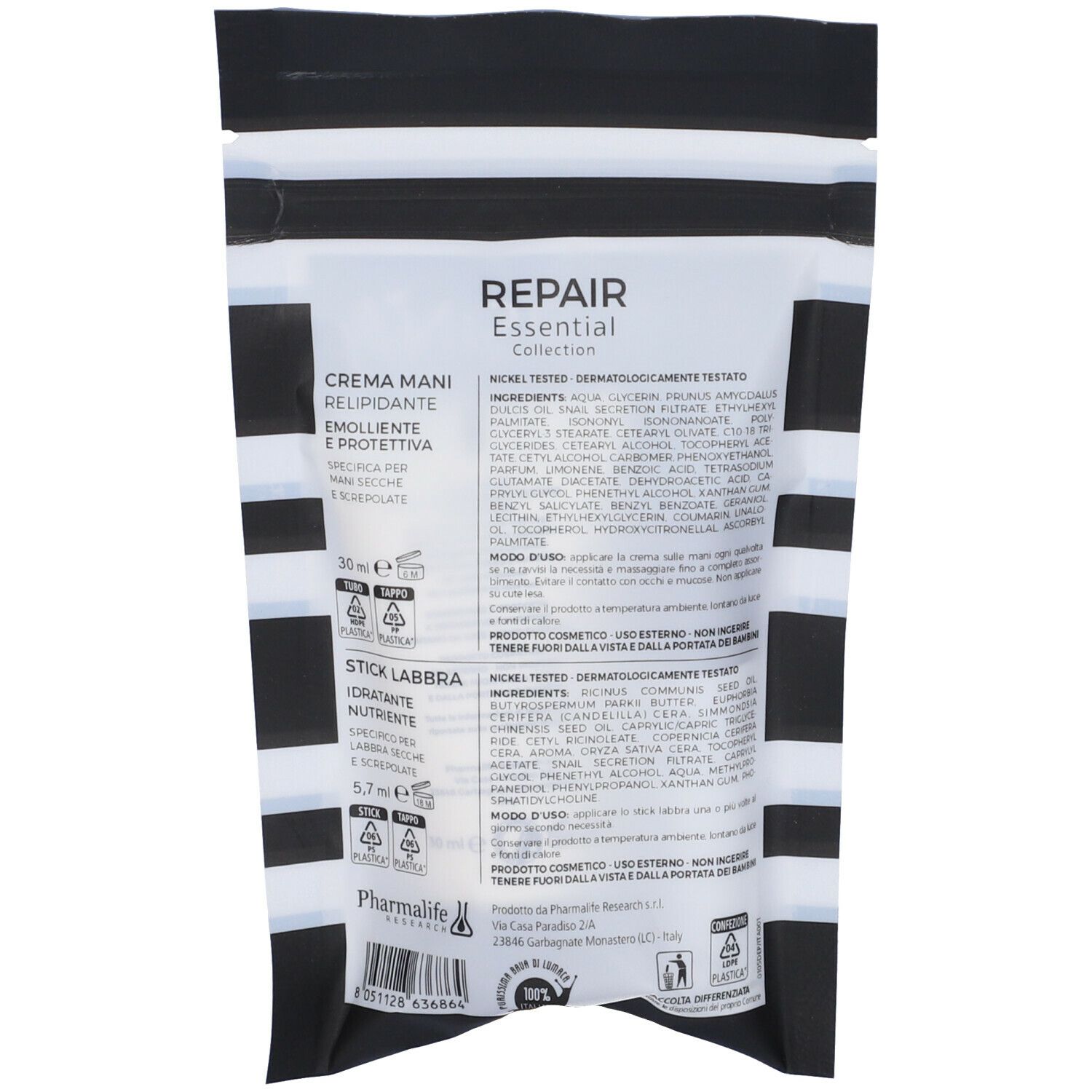 Confezione di Pharmalife Reserch Aspersina Repair Essential Collection. Contiene crema mani e stick labbra. Strisce bianche e nere.