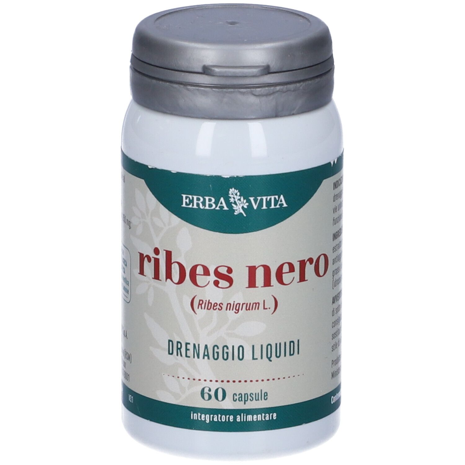 Flacone bianco Ribes Nero. Scritta: 60 capsule, Erba Vita. Coperchio grigio.