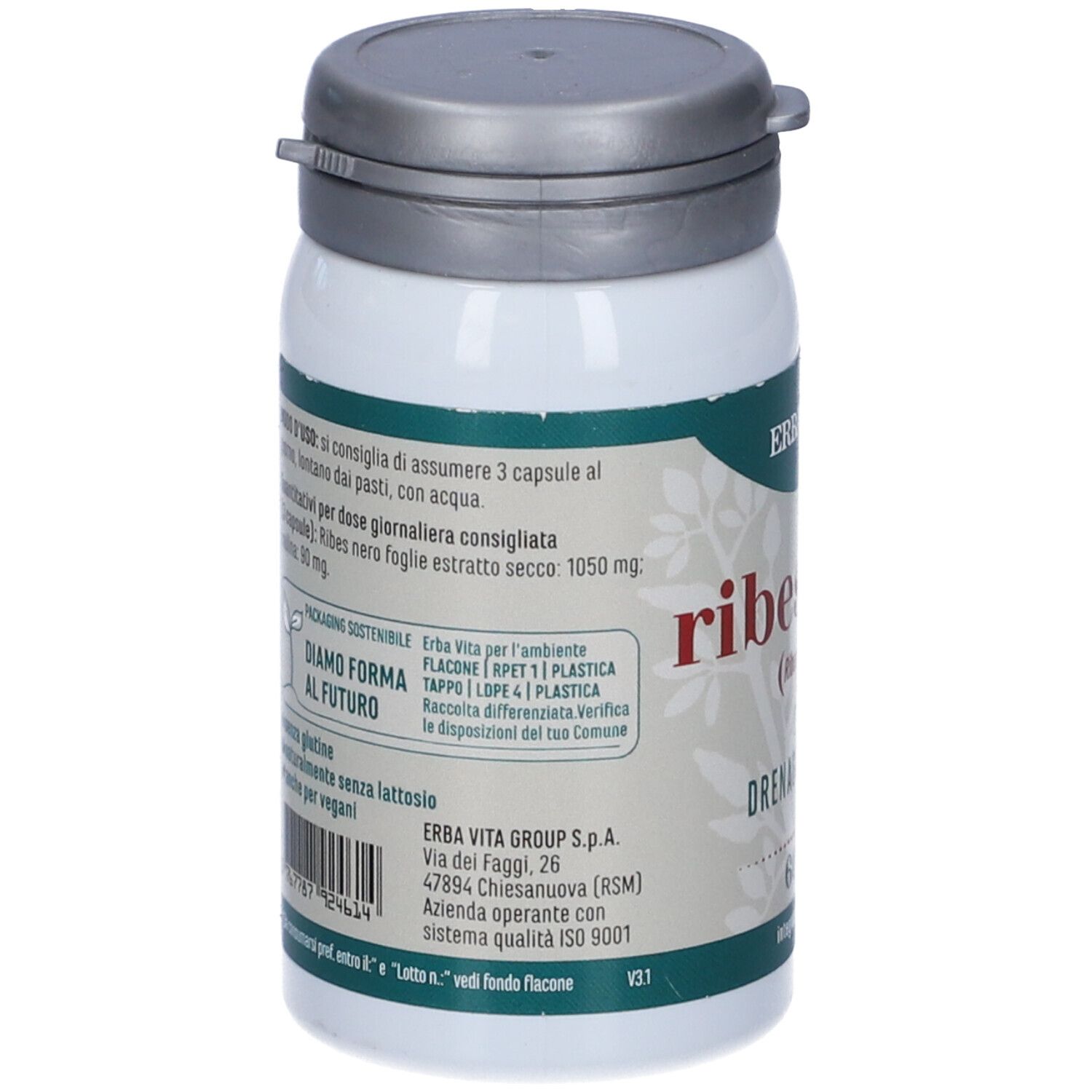 Retro flacone bianco Ribes Nero. Testo: ingredienti, modo d'uso, Erba Vita.