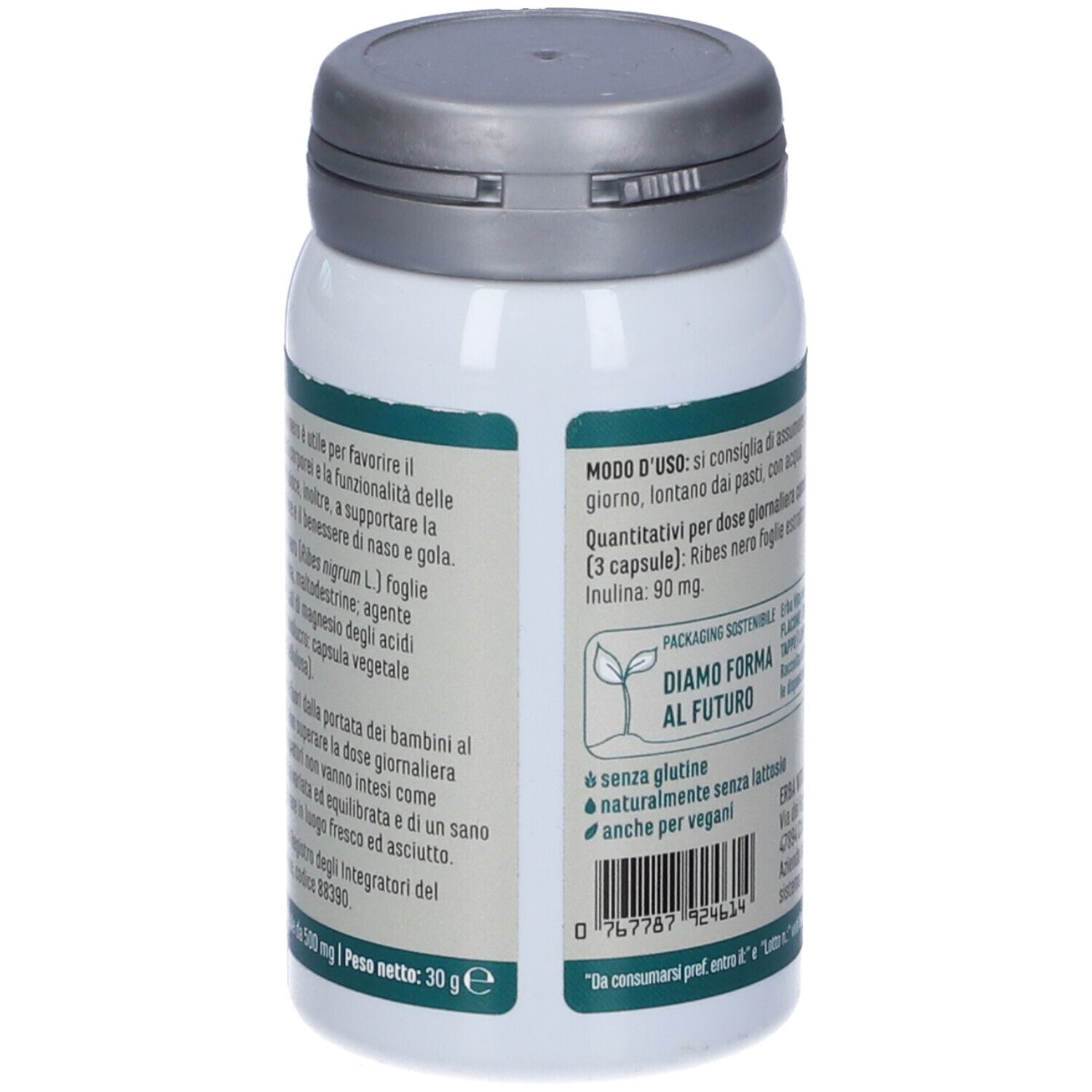 Retro flacone bianco Ribes Nero. Testo: ingredienti, modo d'uso, Erba Vita.
