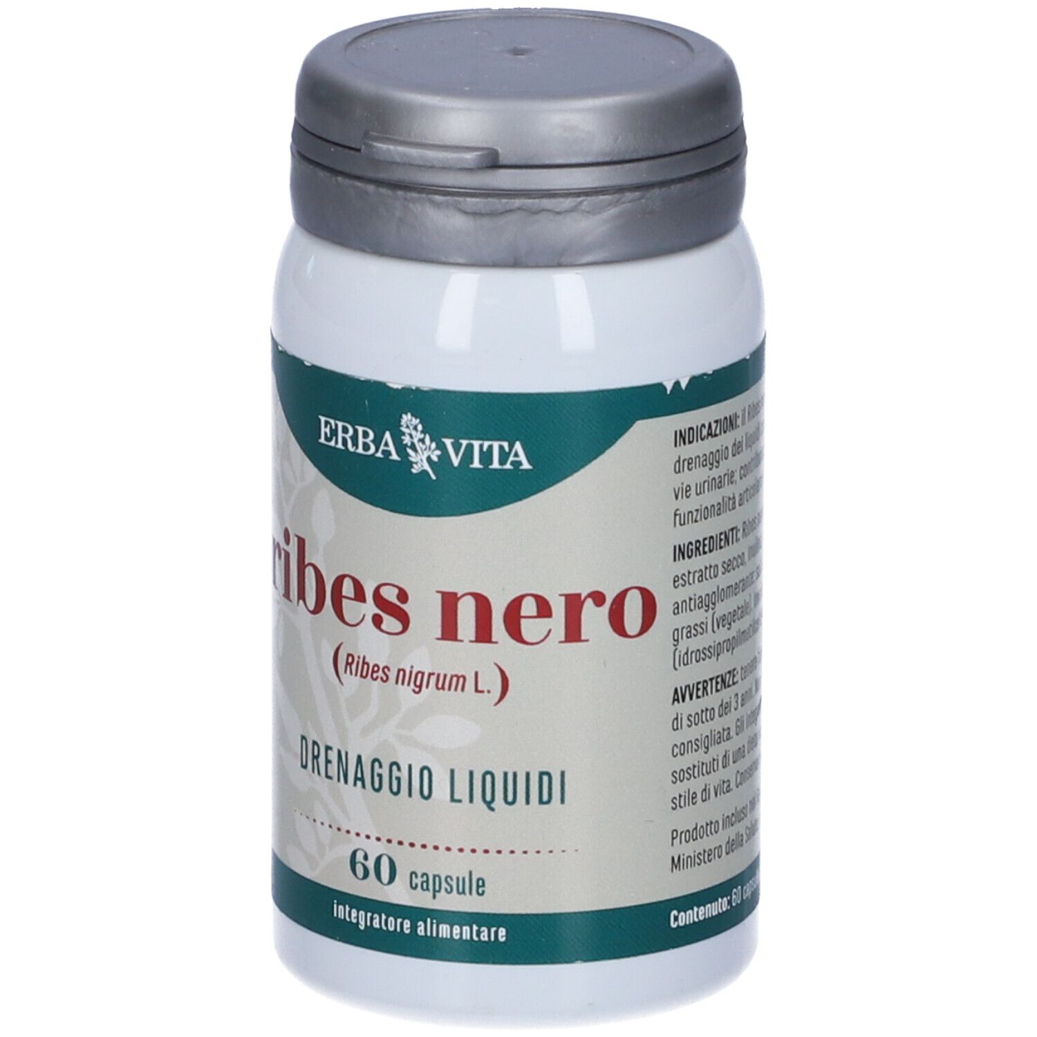 Flacone bianco Ribes Nero. Scritta: 60 capsule, Erba Vita. Coperchio grigio.