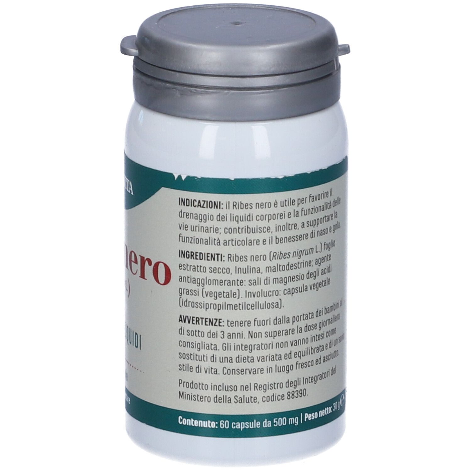Retro flacone bianco Ribes Nero. Testo: ingredienti, modo d'uso, Erba Vita.