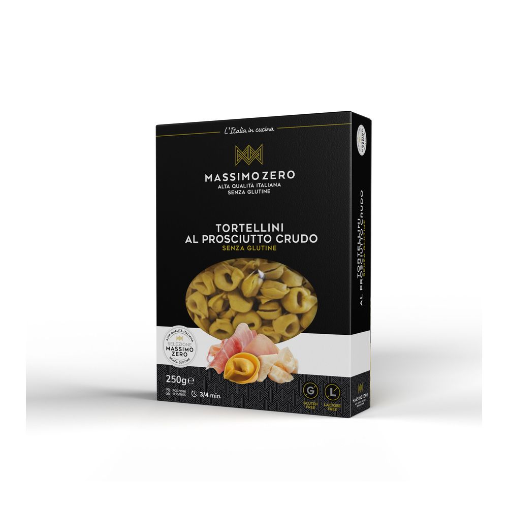 Confezione nera Massimo Zero Tortellini. Visibili tortellini, prosciutto e formaggio. Senza glutine.