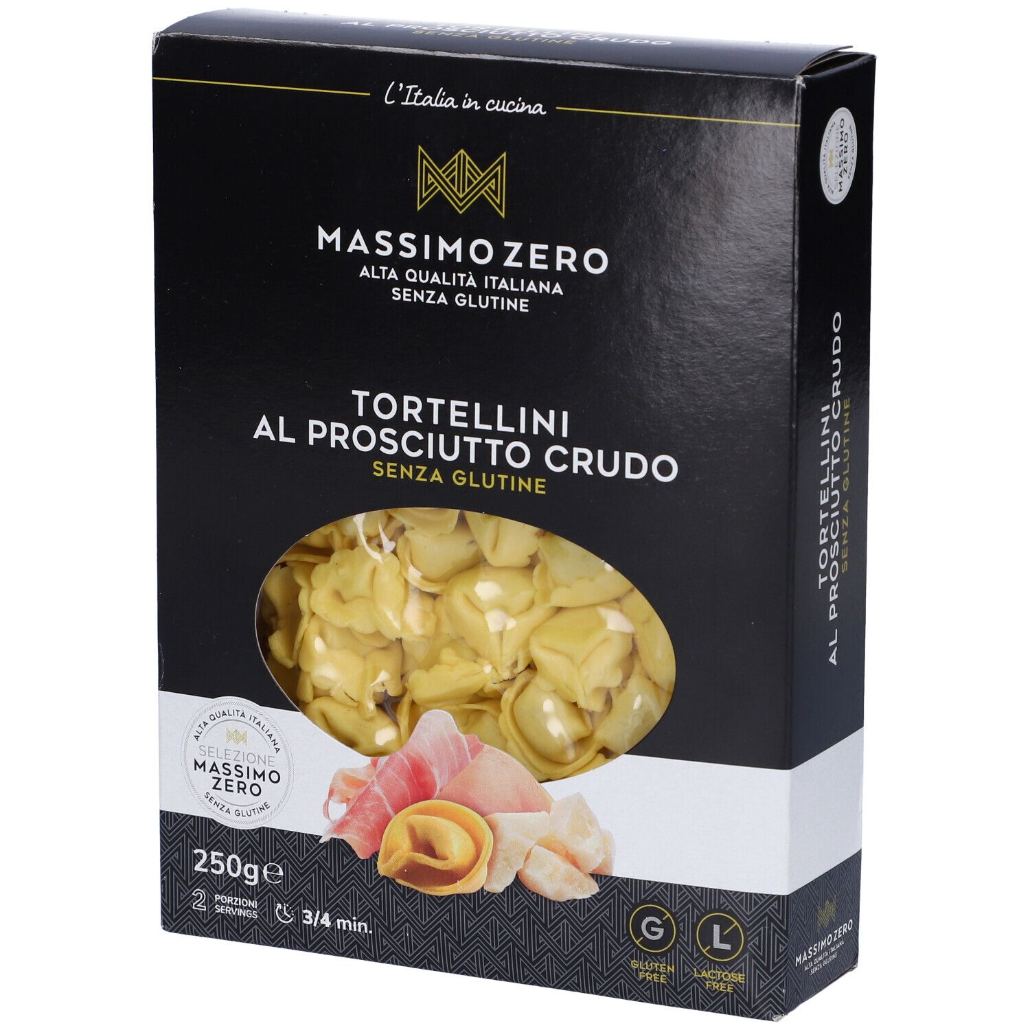 Confezione nera Massimo Zero Tortellini. Visibili tortellini, prosciutto e formaggio. Senza glutine.