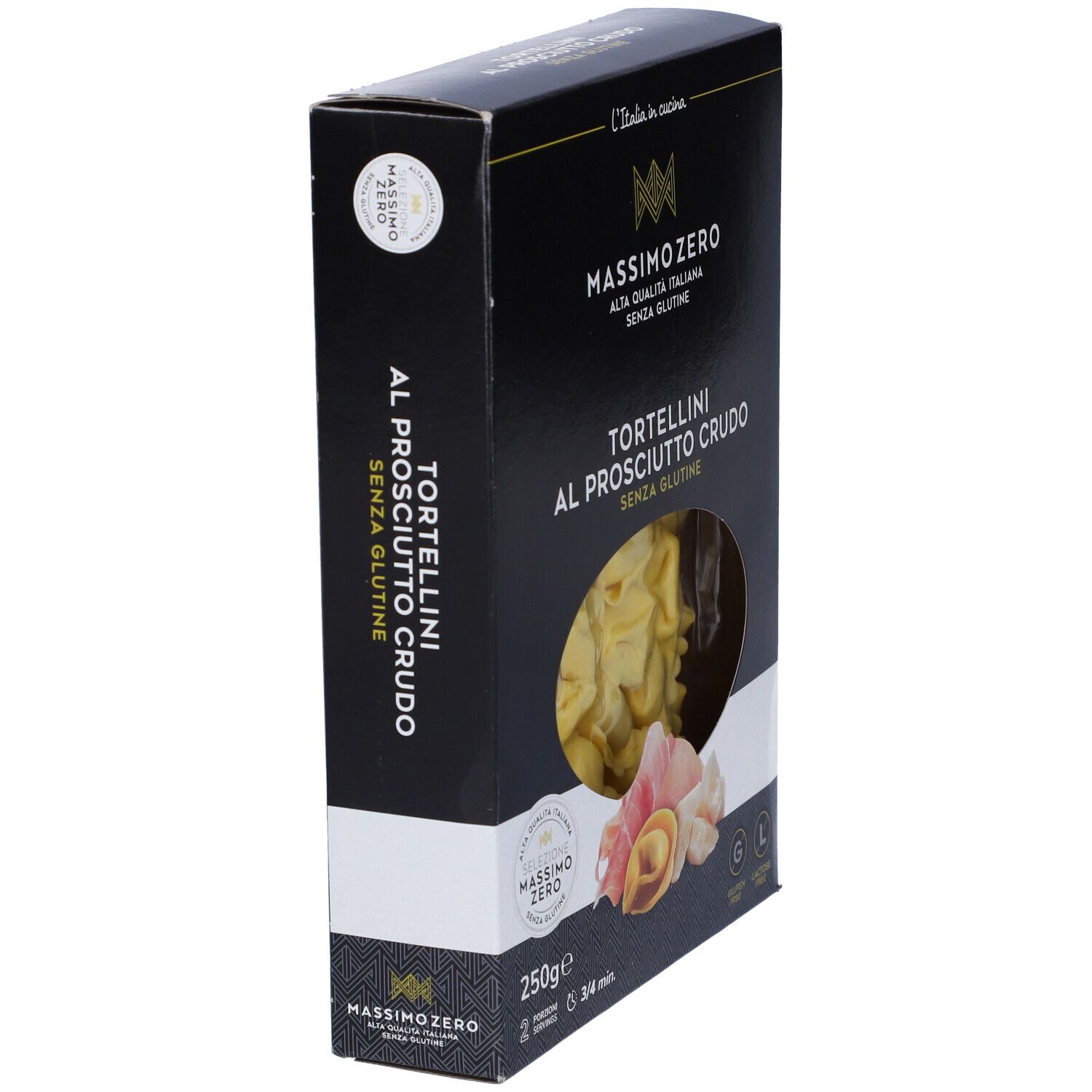 Confezione nera Massimo Zero Tortellini. Visibili tortellini, prosciutto e formaggio. Senza glutine.