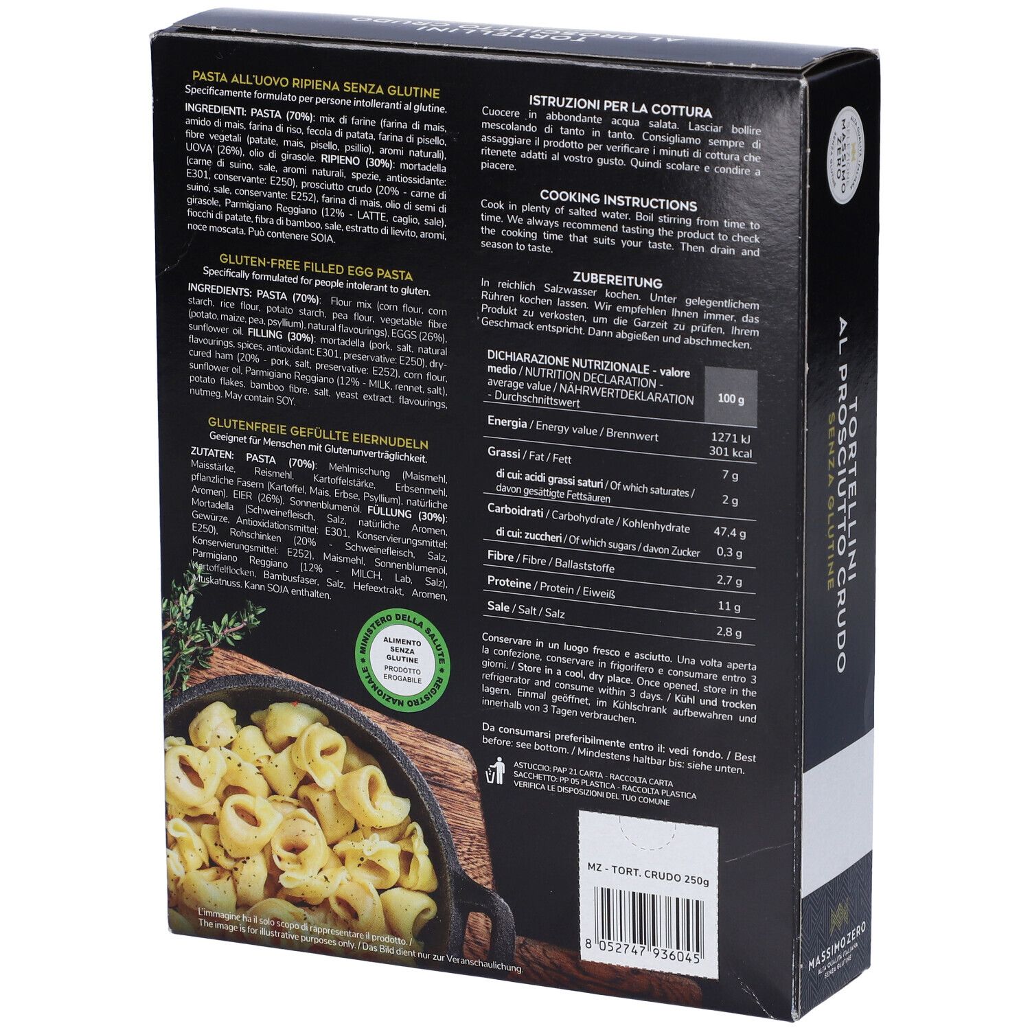 Retro confezione Massimo Zero Tortellini. Lista ingredienti, informazioni nutrizionali e istruzioni di cottura.