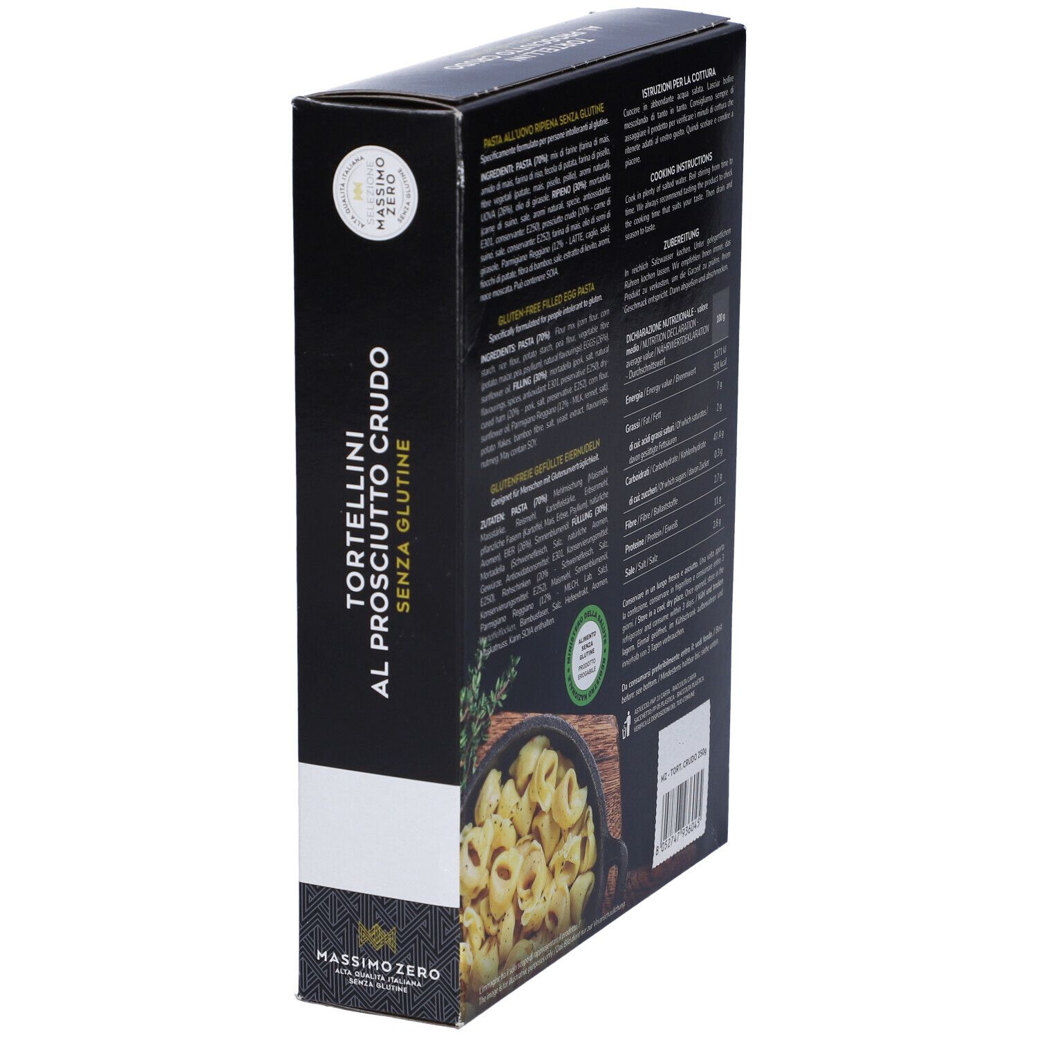 Vista laterale confezione Massimo Zero Tortellini. Testo: Tortellini al Prosciutto Crudo, senza glutine.