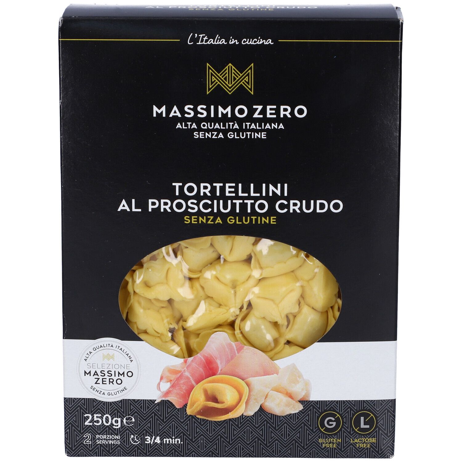 Confezione nera Massimo Zero Tortellini. Visibili tortellini, prosciutto e formaggio. Senza glutine.